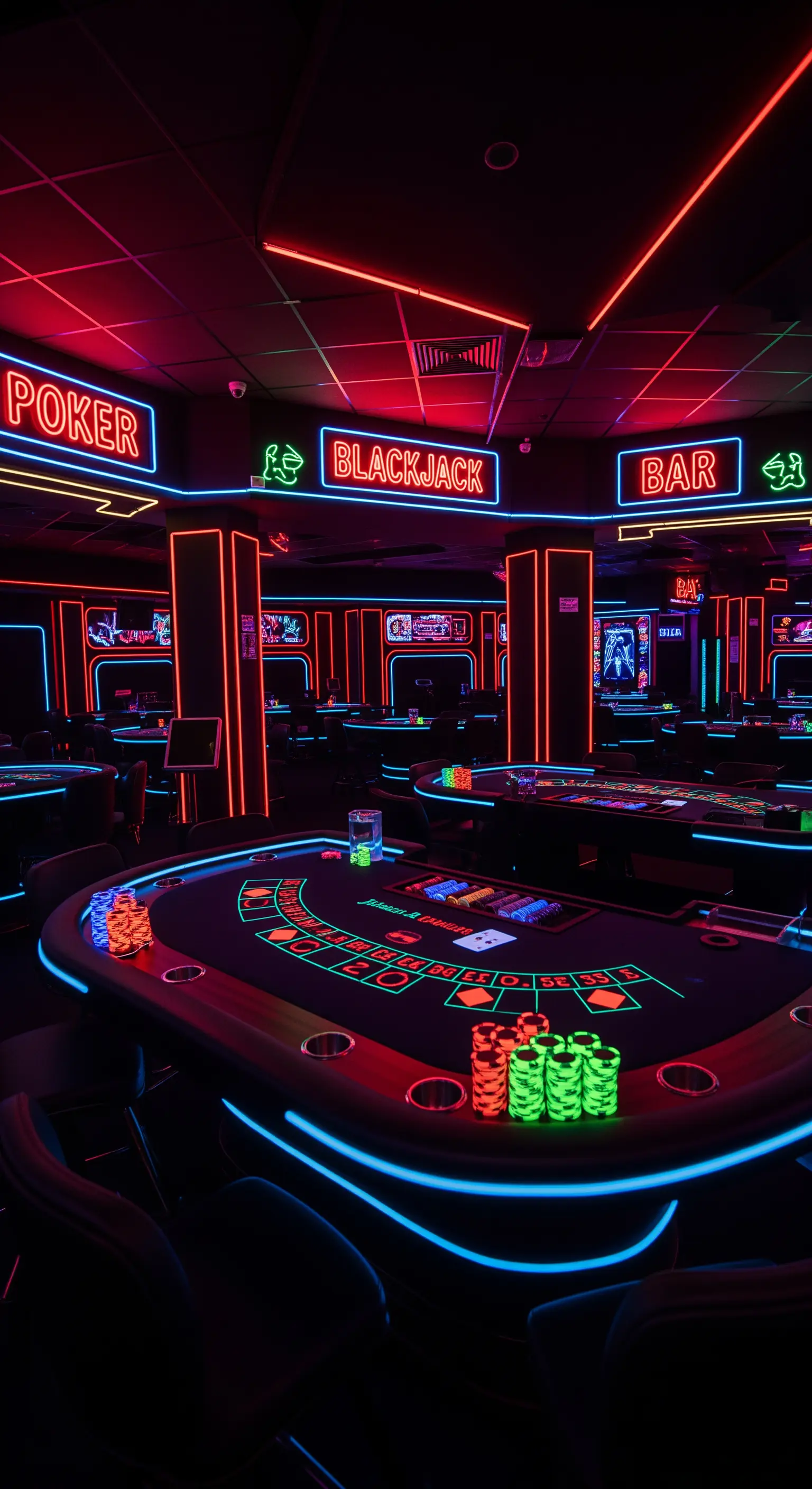 Sala da gioco buia illuminata da numerose insegne e contorni al neon rossi e blu.