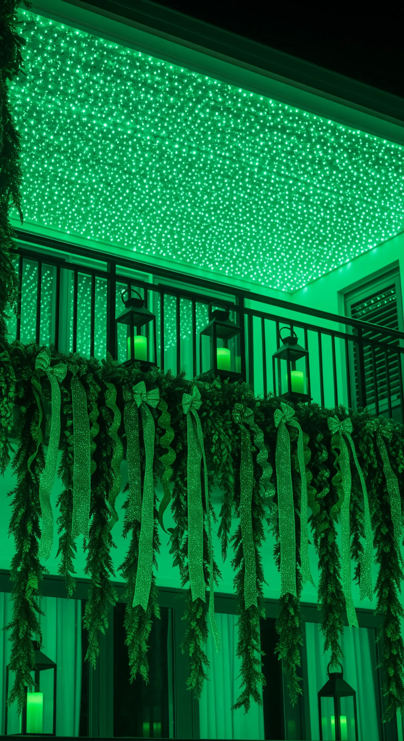 Balcone illuminato interamente da luci a LED verdi sul soffitto e sulla ringhiera