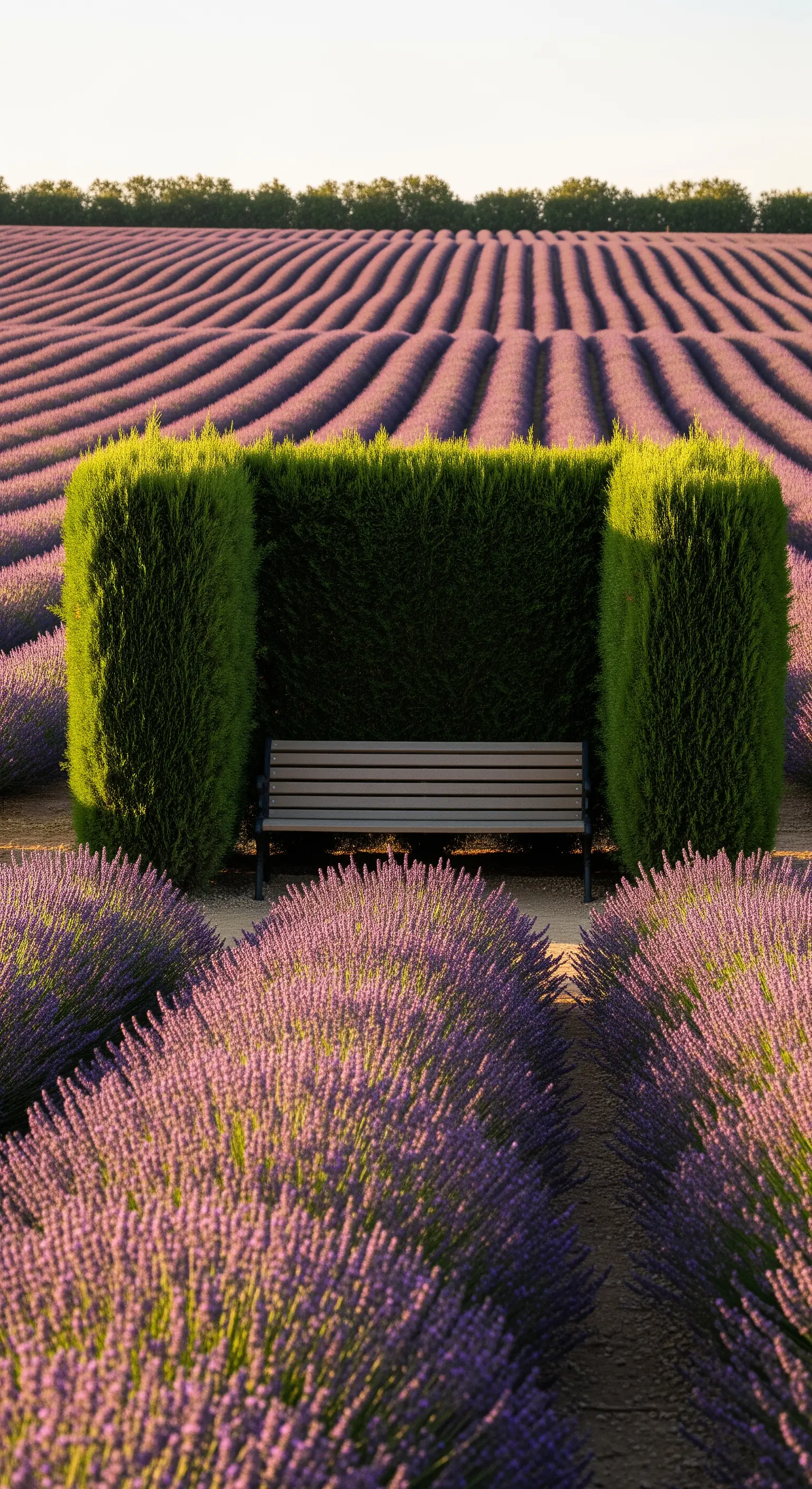 Panchina moderna protetta da una siepe bassa in un campo di lavanda in Provenza al tramonto.