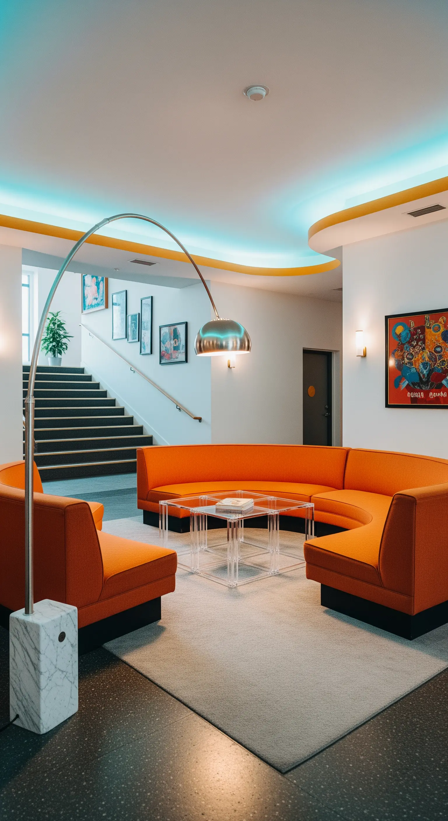 Lobby in stile anni '70 con divano curvo arancione e lampada ad arco cromata.