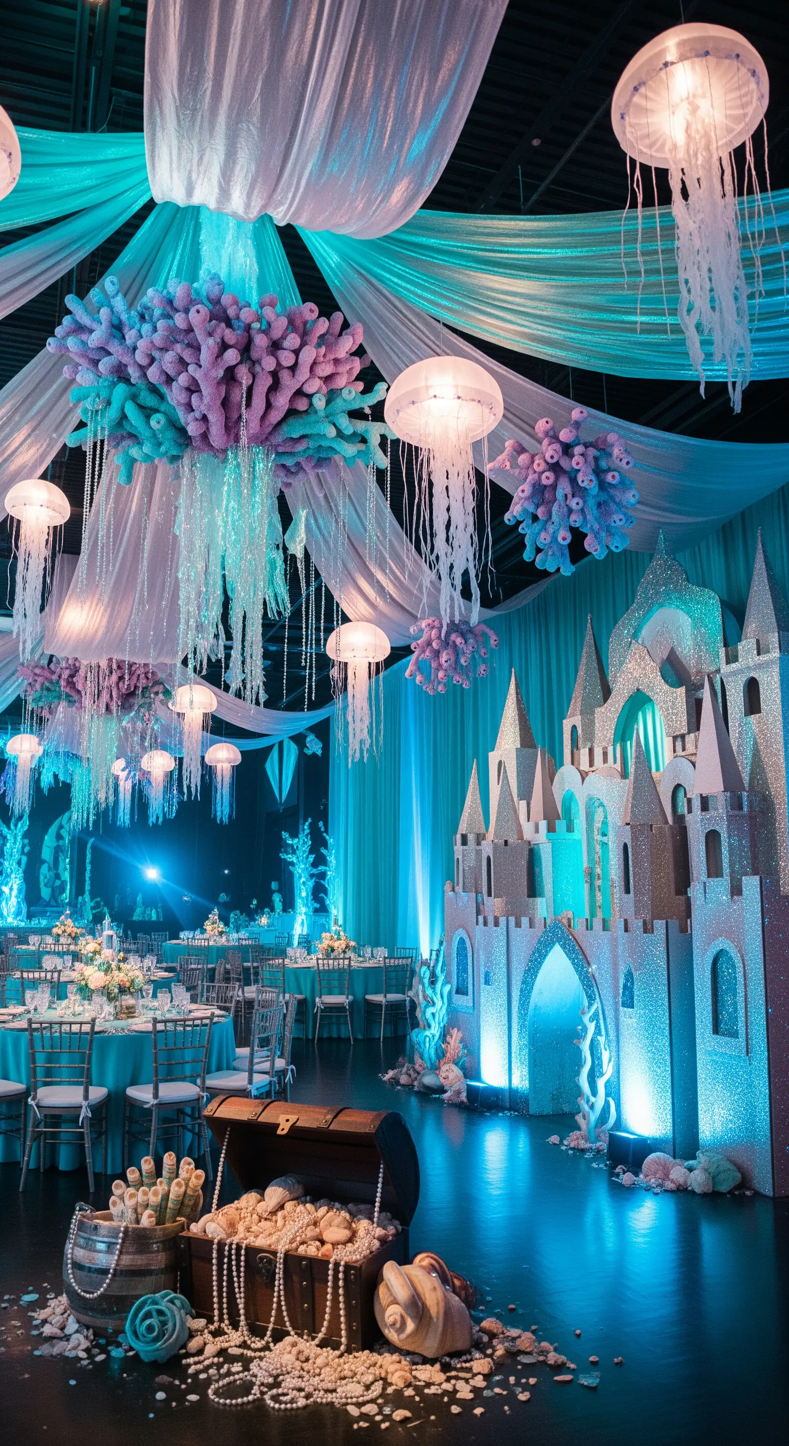 Allestimento a tema Sirenetta con castello glitterato, meduse luminose e colori marini.