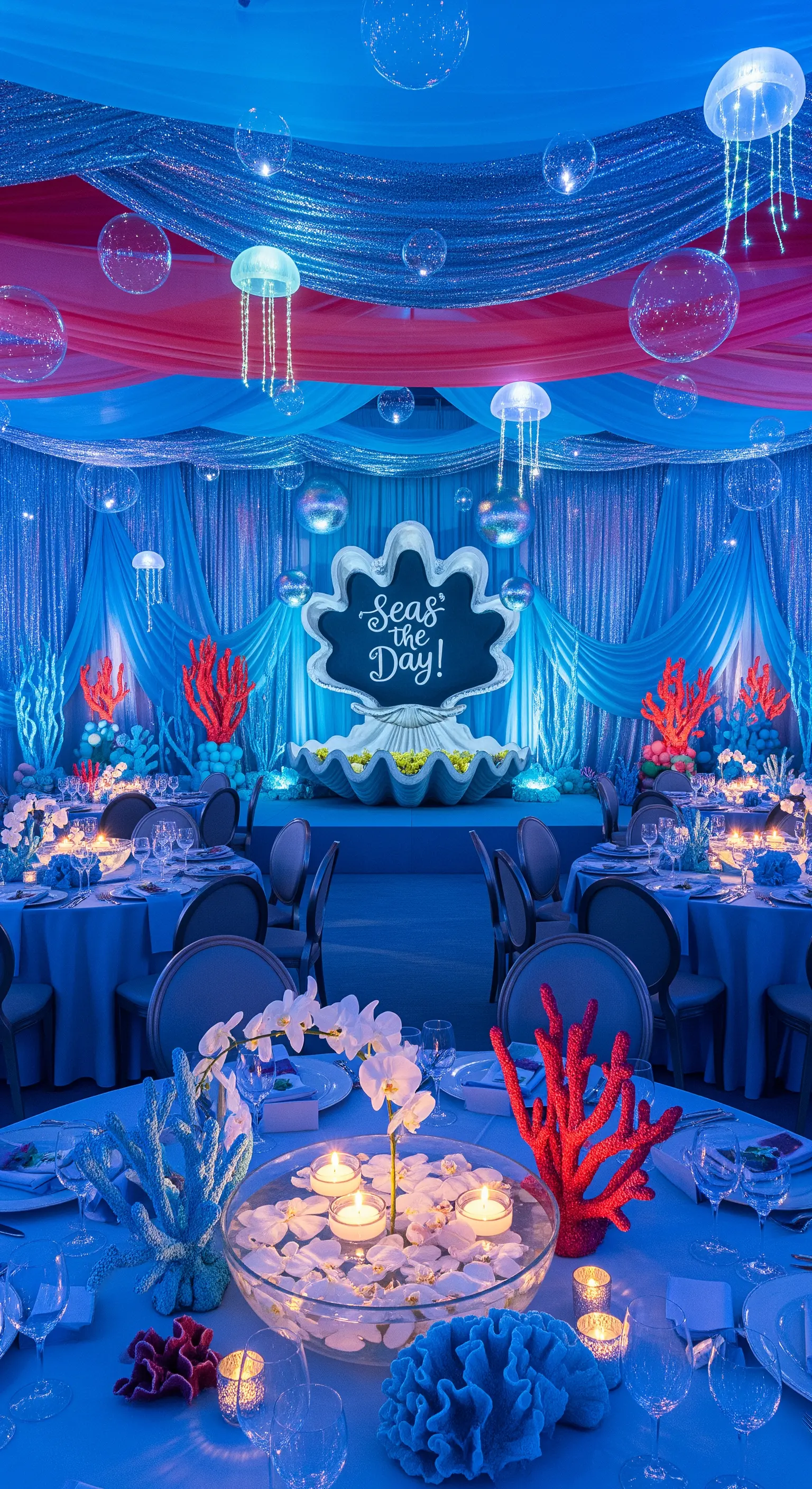 Sala allestita a tema sottomarino con luci blu, drappeggi e decorazioni di coralli.