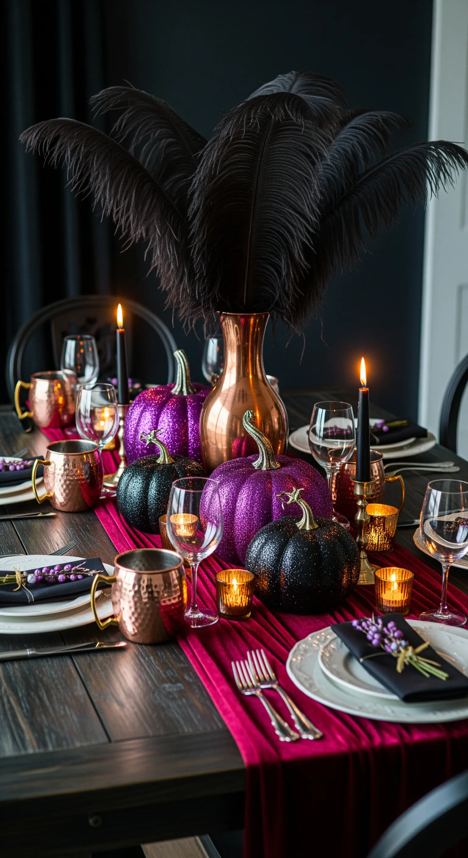 Tavola di Halloween viola e rame con zucche glitter e piume.