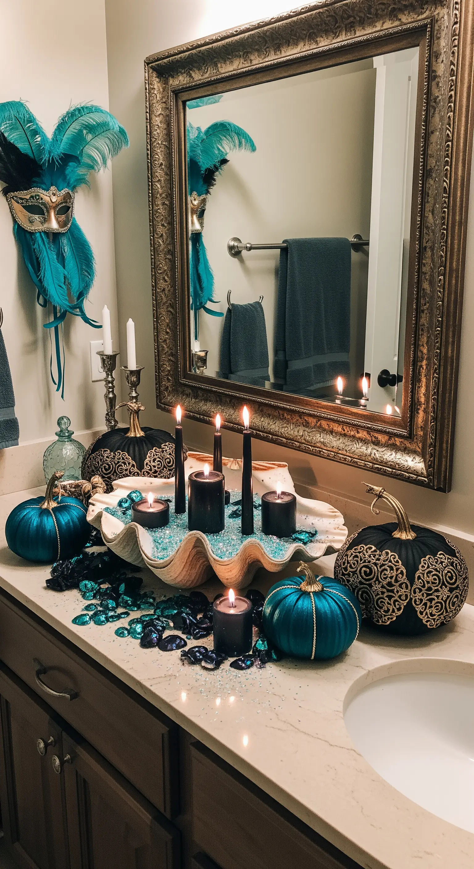 Decorazione per il bagno con zucche blu, candele nere in una conchiglia e maschera con piume.