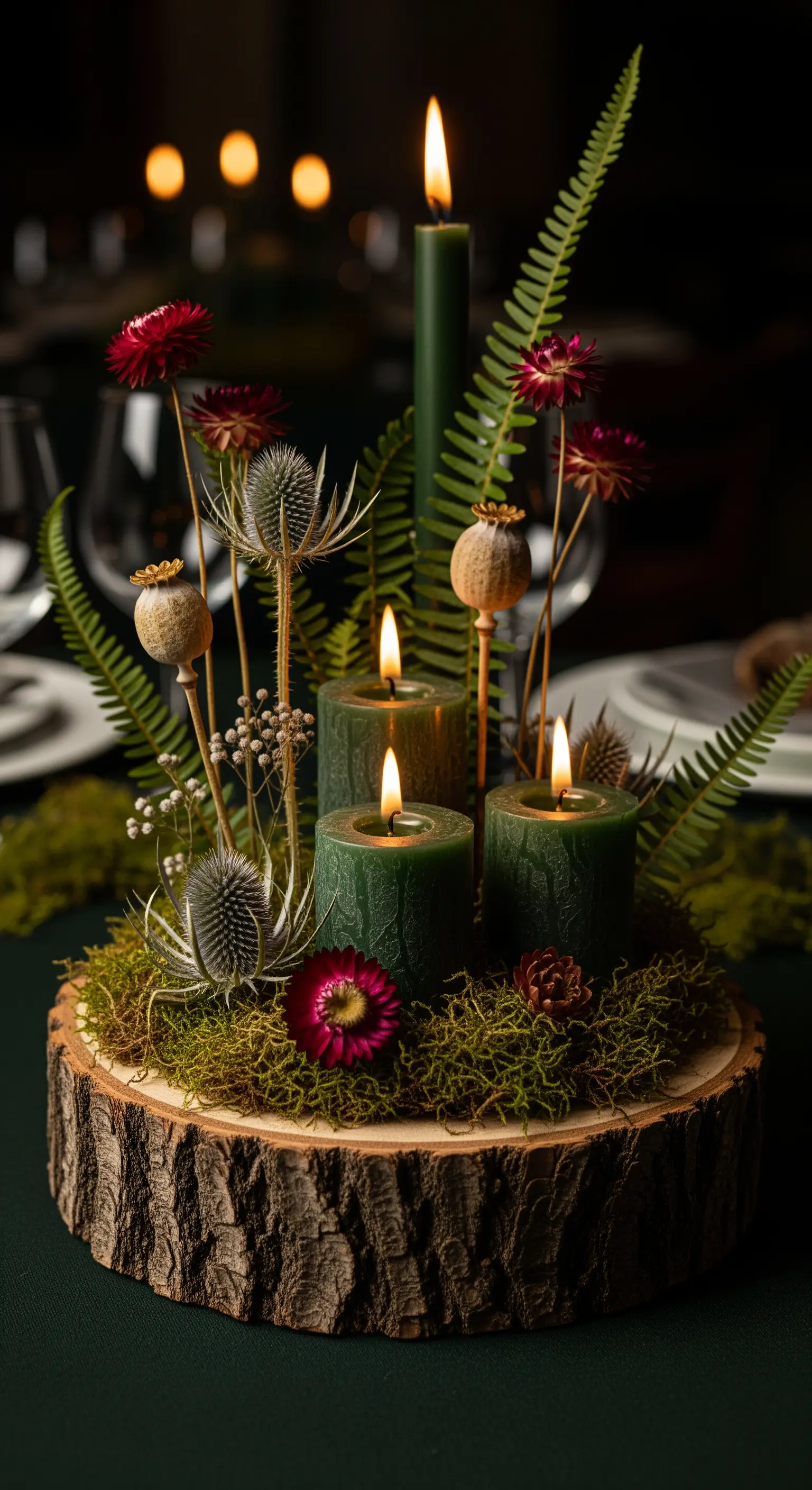 Centrotavola a tema bosco con candele verdi, muschio e fiori secchi su una fetta di tronco.