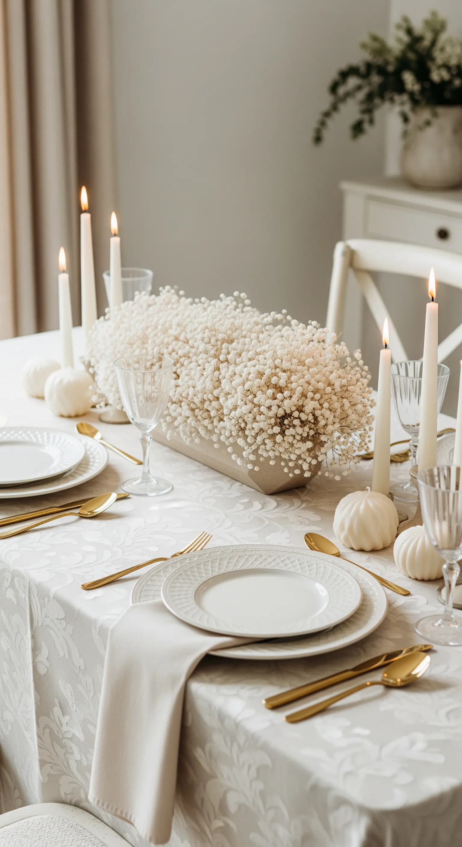 Tavola bianca e oro con un grande centrotavola di gypsophila e piccole zucche bianche.