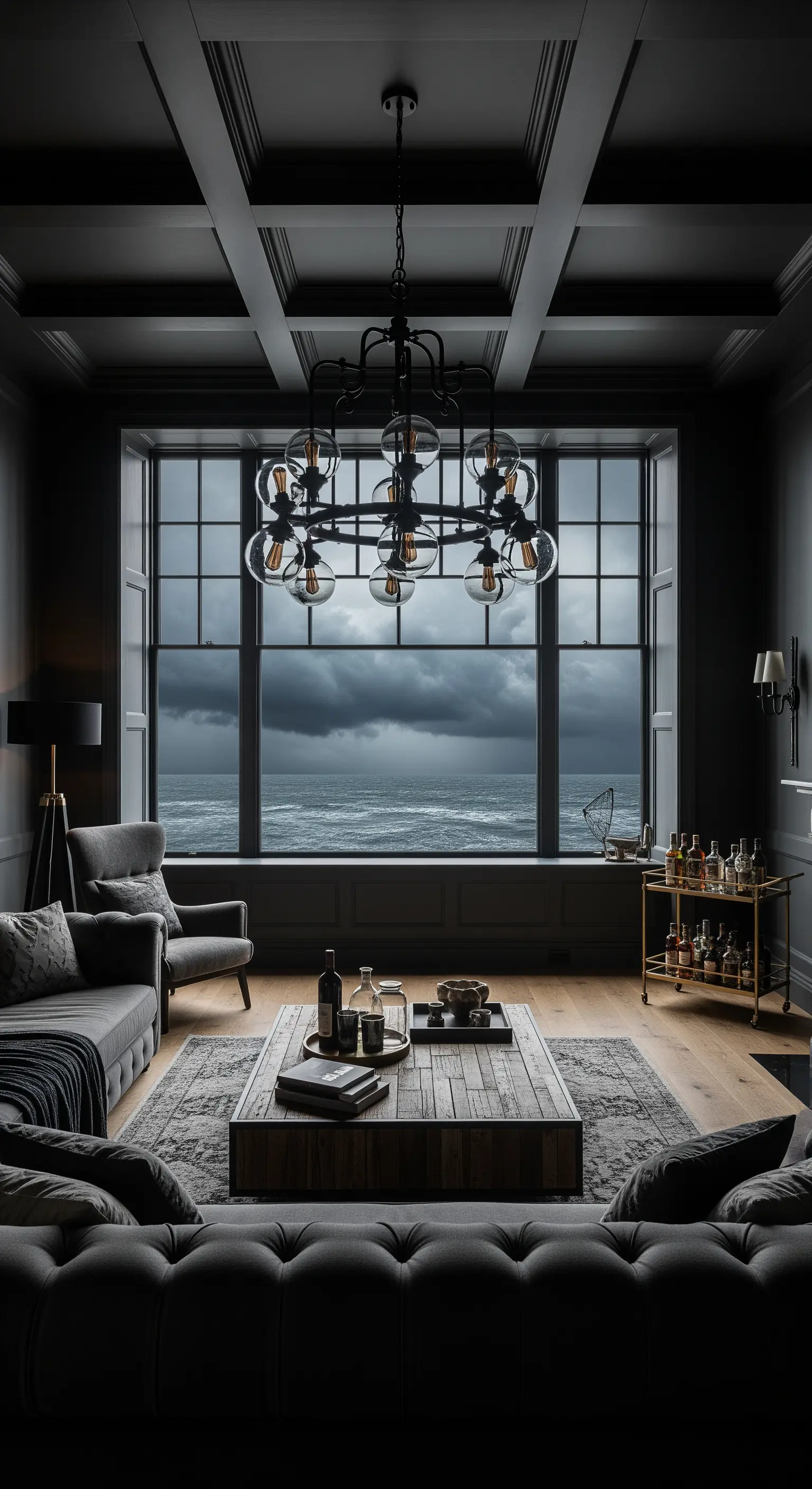 Salotto scuro e suggestivo con grande finestra vista mare e un lampadario industriale moderno.