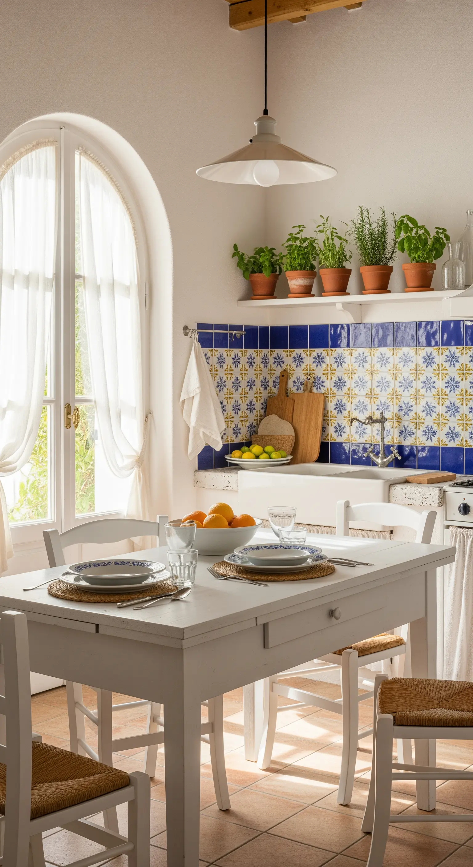 Cucina in stile mediterraneo con finestra ad arco incorniciata da tende bianche.