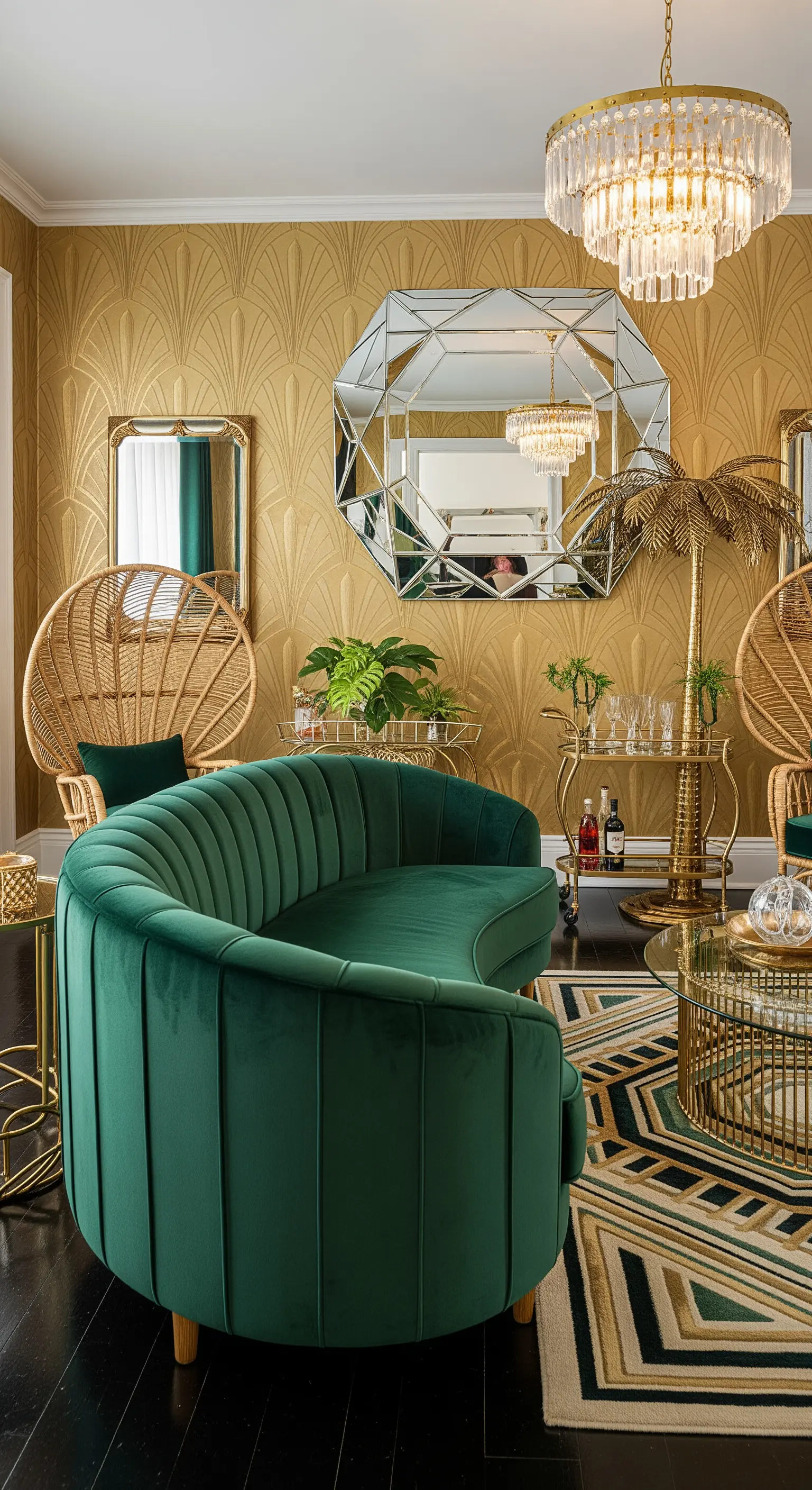 Living Art Déco con carta da parati dorata, divano curvo verde e poltrone Peacock in rattan.
