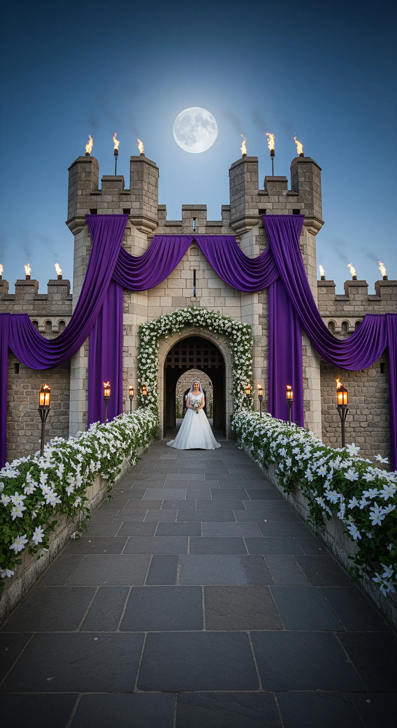Ingresso di un castello con drappi viola, un arco di fiori bianchi e torce accese.