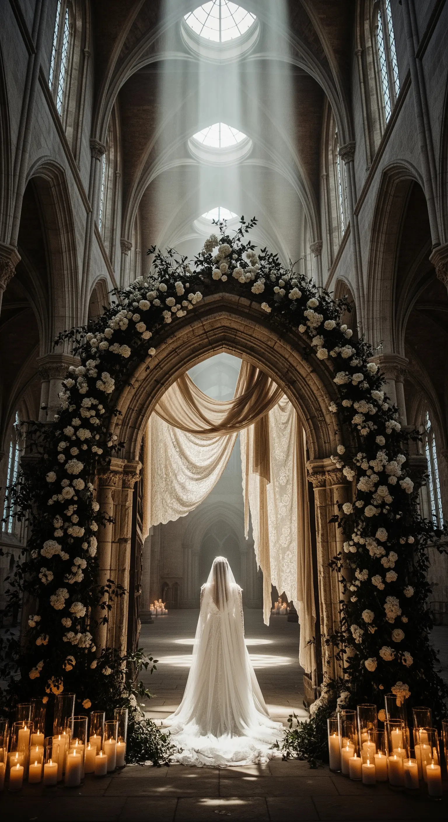 Ingresso di una cattedrale decorato con un arco di rose bianche e drappi di pizzo.