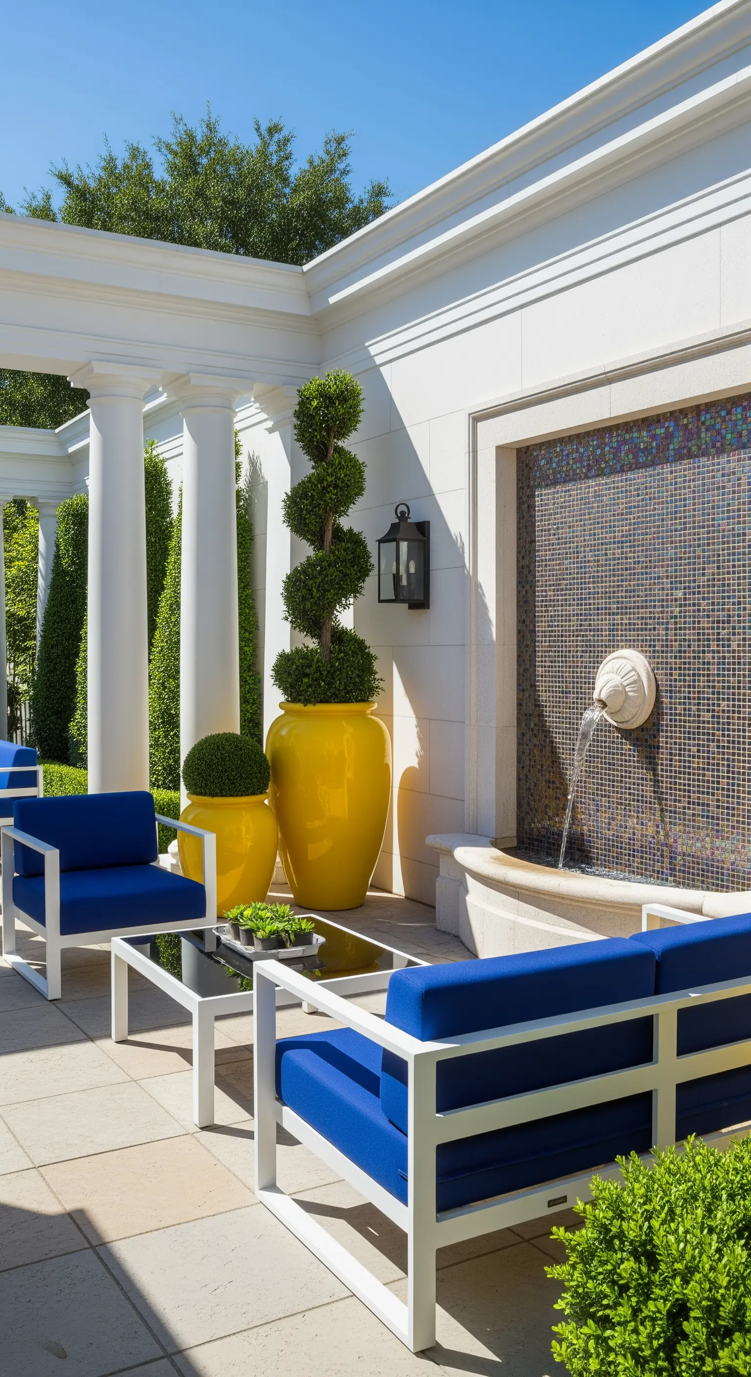 Patio con colonne bianche, arredi con cuscini blu elettrico e grandi vasi gialli decorativi