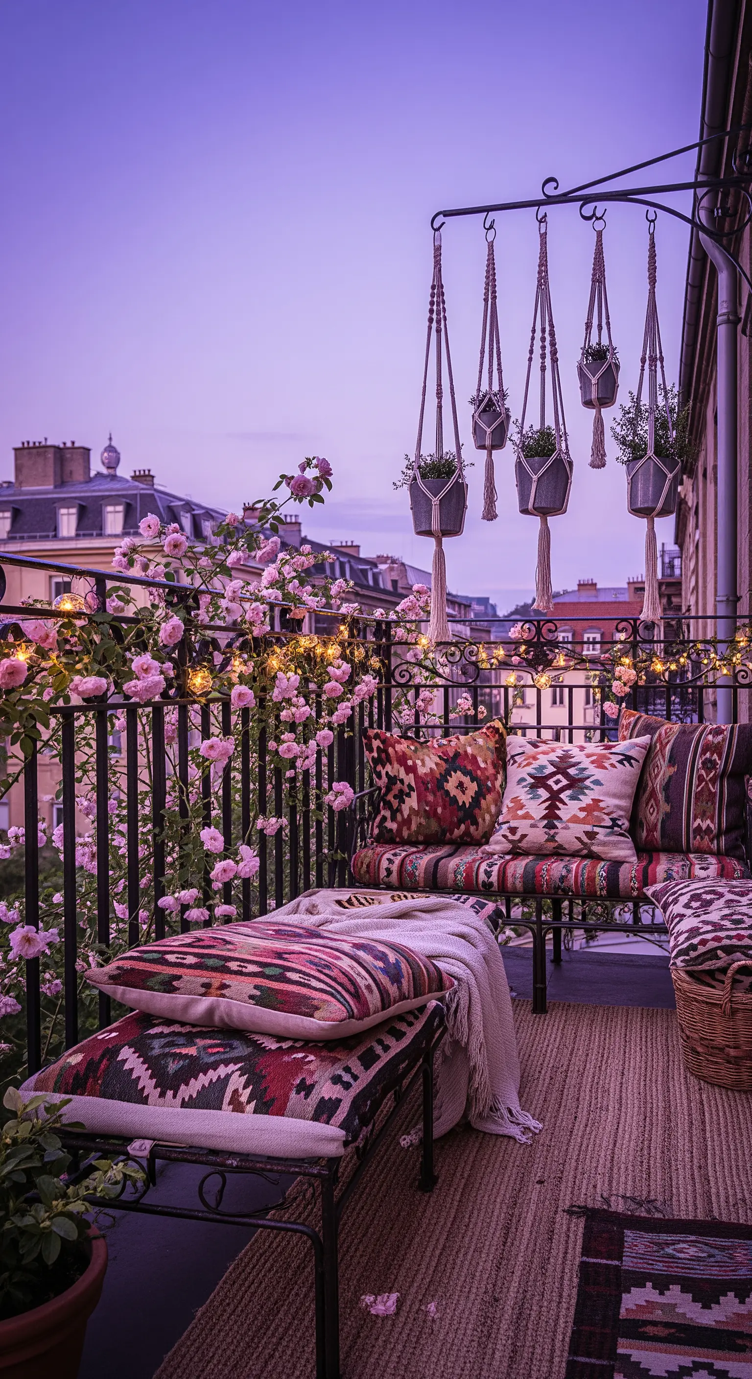 Balcone boho con cuscini etnici, tappeti, lucine e piante appese in macramè.