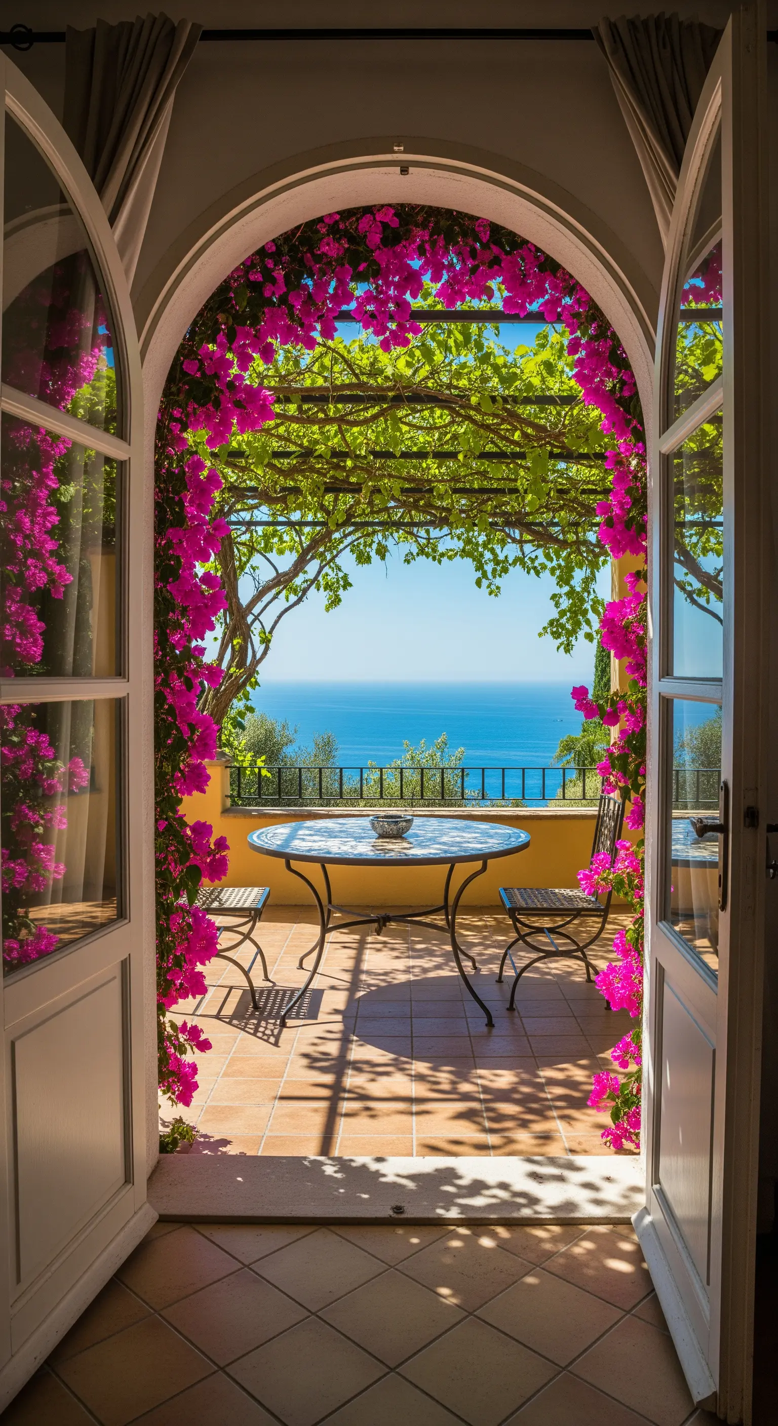 Vista sul mare incorniciata da una porta ad arco ricoperta di bouganville fucsia