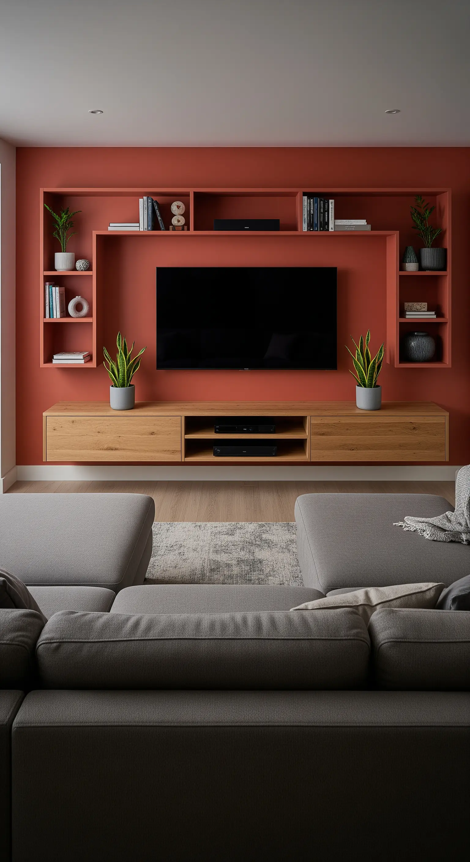 Parete attrezzata su misura color terracotta che incornicia una televisione a schermo piatto