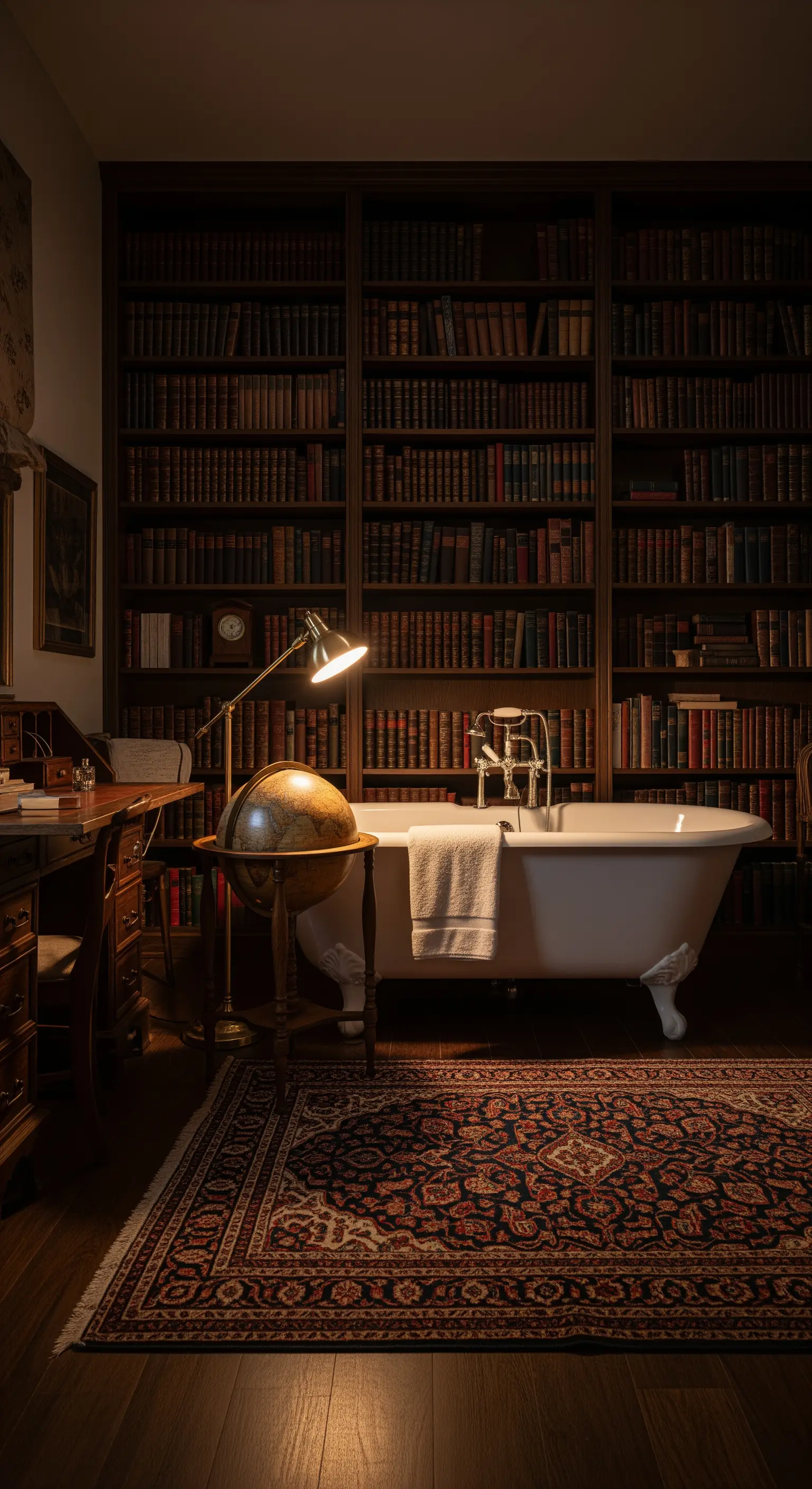 Vasca da bagno freestanding posizionata davanti a un'enorme libreria in legno scuro.