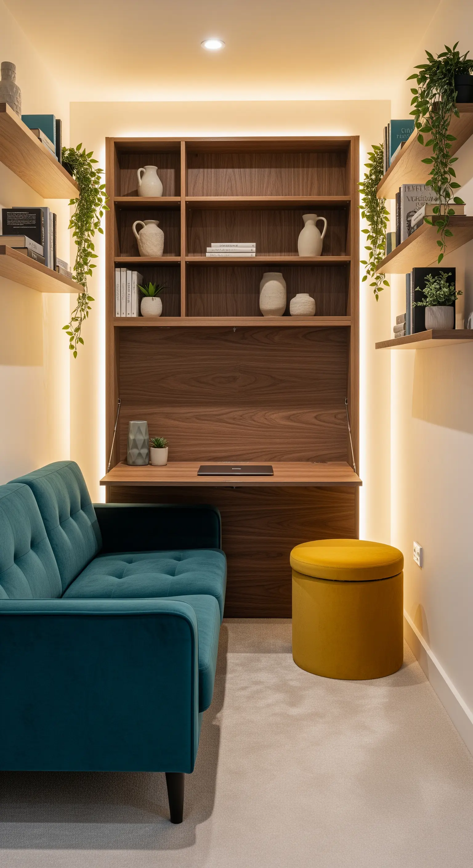 Piccolo living con divano in velluto e libreria in legno con scrivania a ribalta integrata