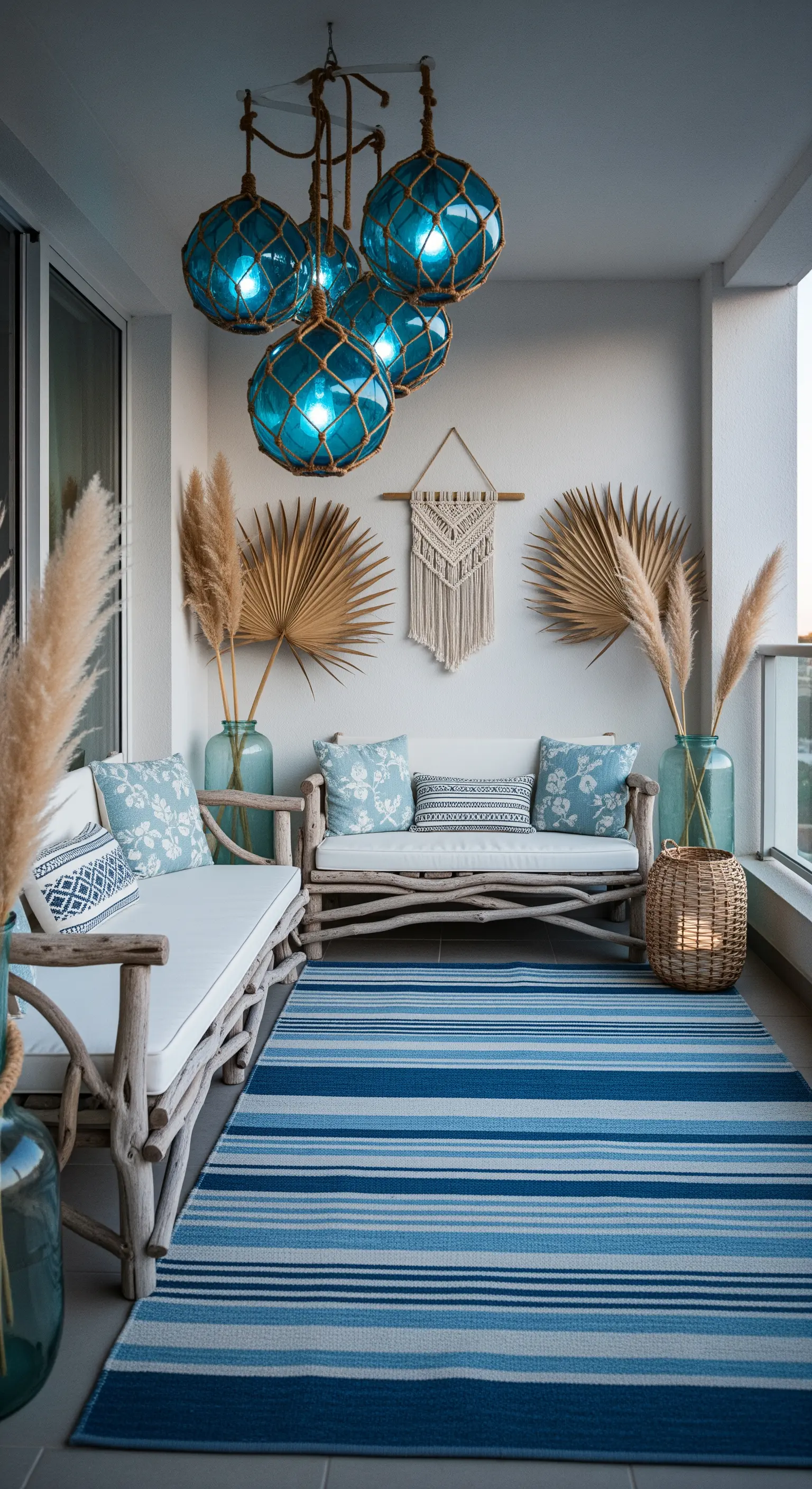 Balcone in stile marino con arredi in legno grezzo, tappeto a righe blu e lampade a forma di boe.