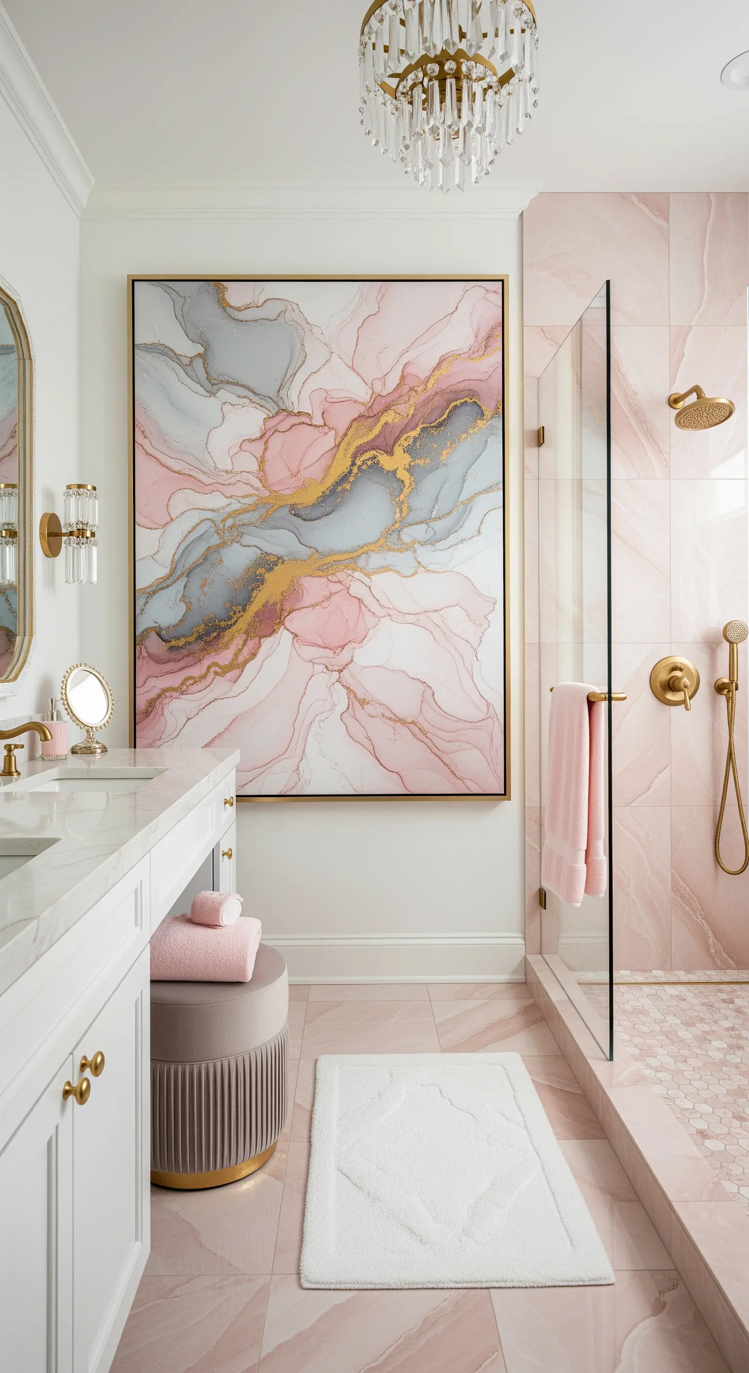 Bagno di lusso con marmo rosa, dettagli dorati e un grande quadro in stile 'fluid art'.