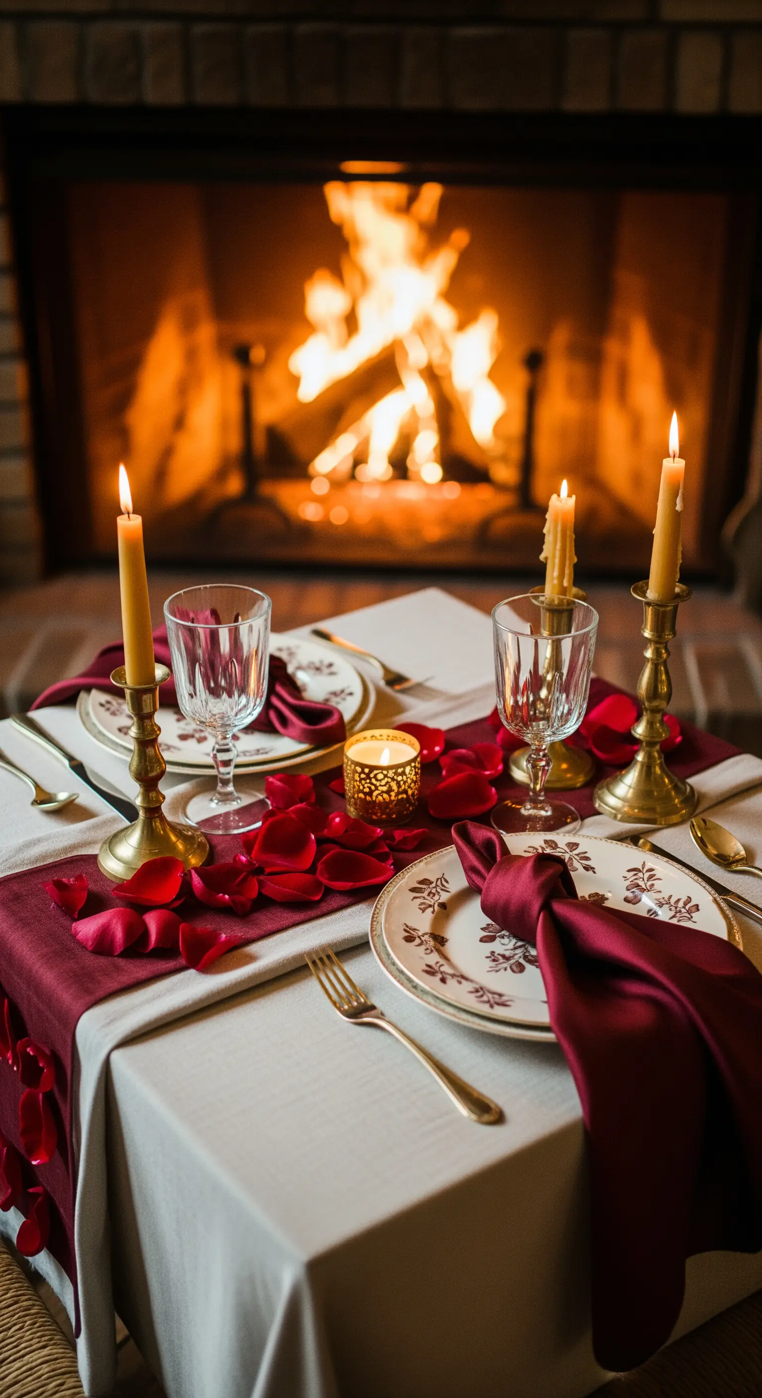 Cena per due davanti a un camino acceso, con candele e tovaglioli bordeaux
