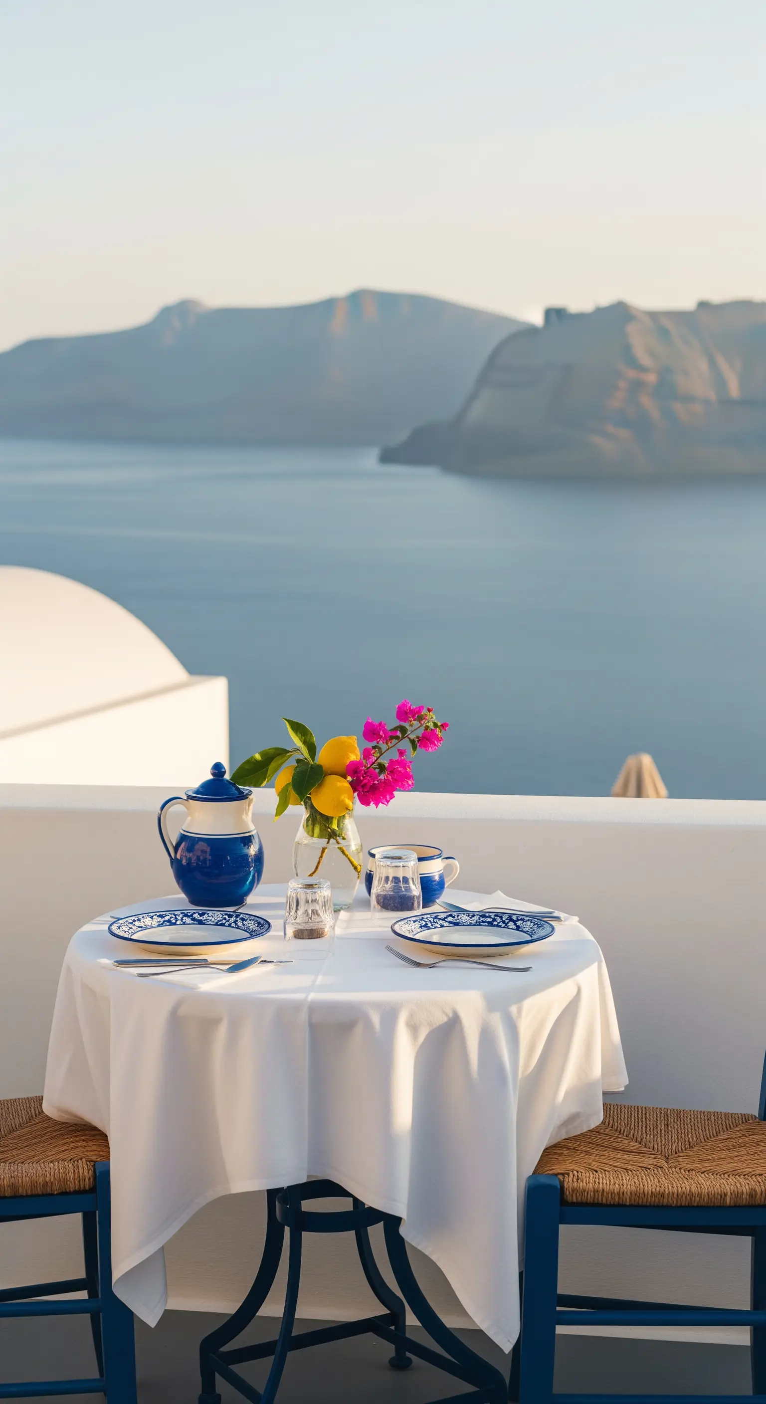 Tavolino per due con vista mare, tovaglia bianca e accenti di ceramica blu.