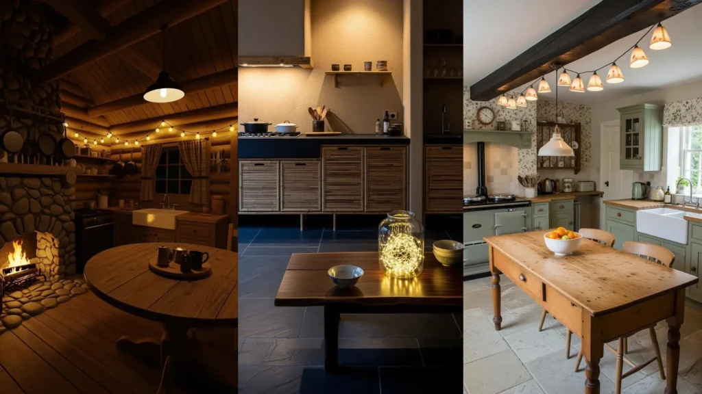 Tre cucine accoglienti con luci a stringa e tavoli in legno, creando un'atmosfera serale conviviale perfetta per l'intimità.