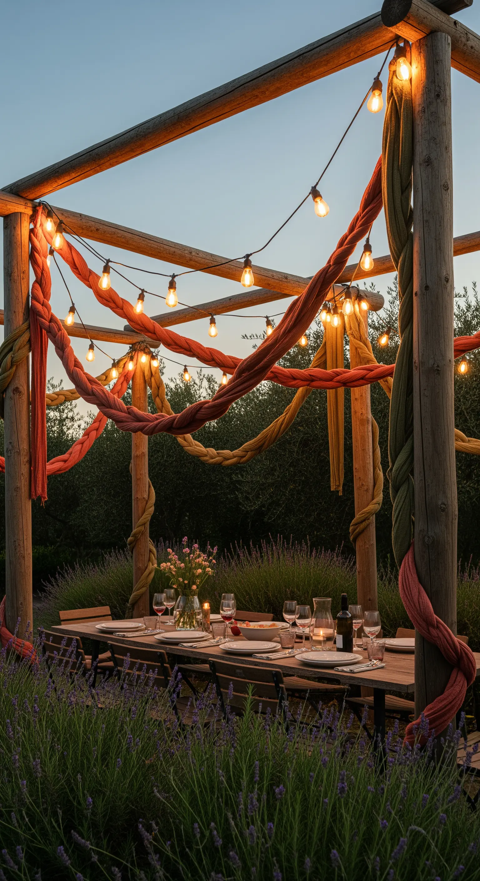 Tavolata sotto un pergolato decorato con corde di tessuto colorato e lampadine.