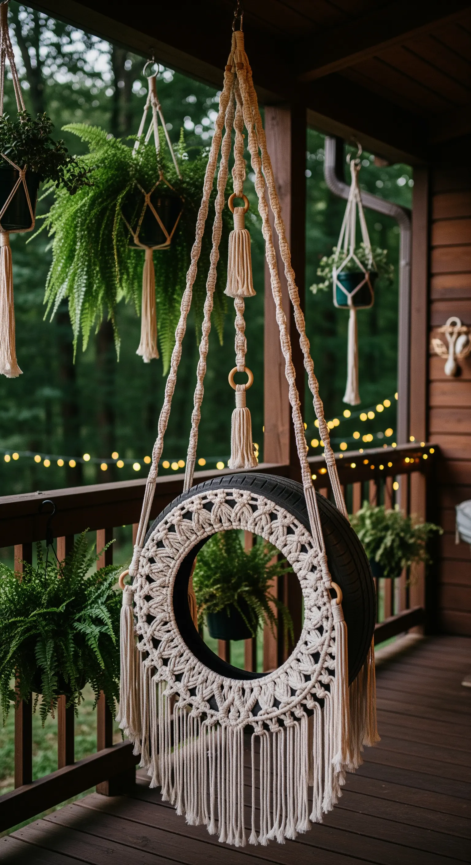 Pneumatico nero decorato con una complessa lavorazione in macramè color corda naturale.