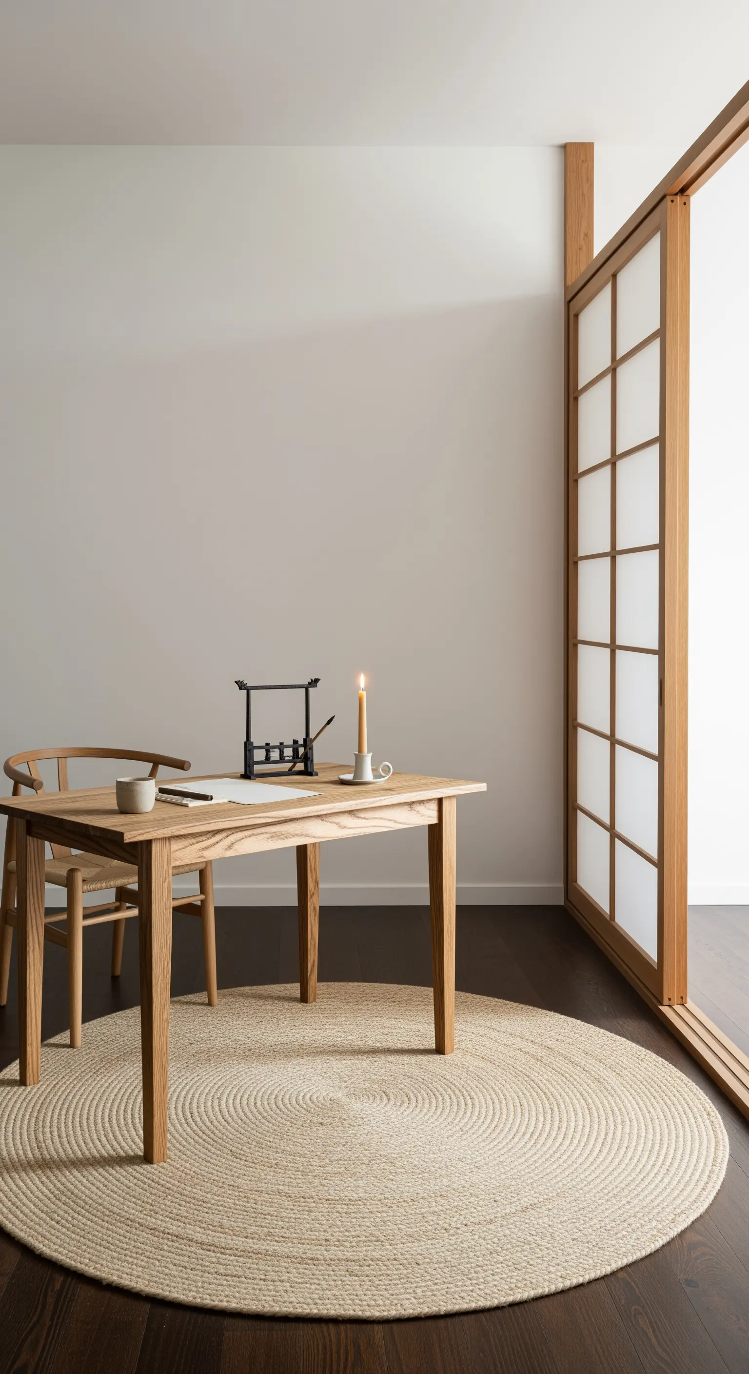 Spazio di lavoro minimalista in stile giapponese, con scrivania in legno e tappeto rotondo in juta.