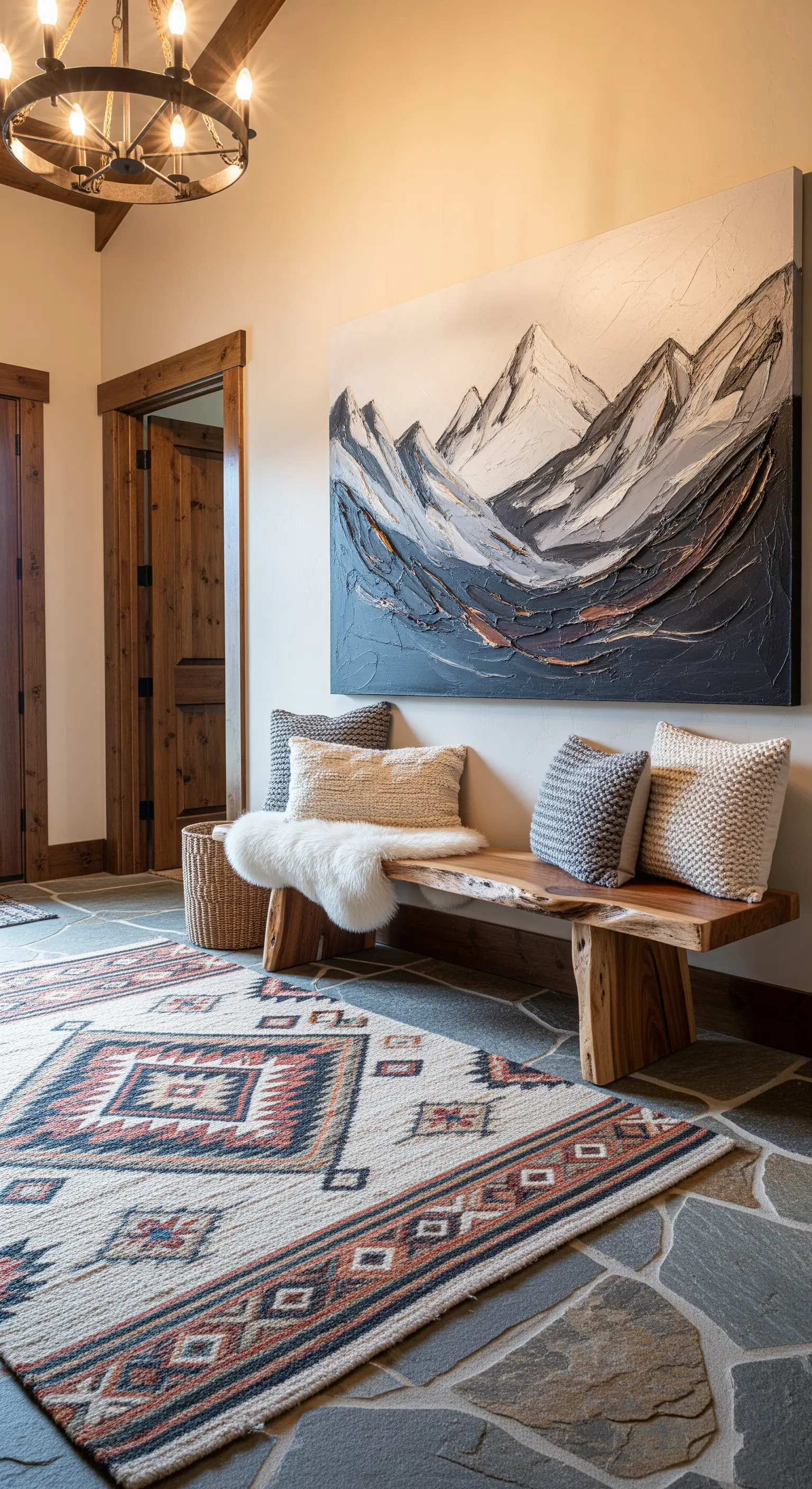 Ingresso rustico con panca in legno grezzo, pavimento in pietra e tappeto etnico.