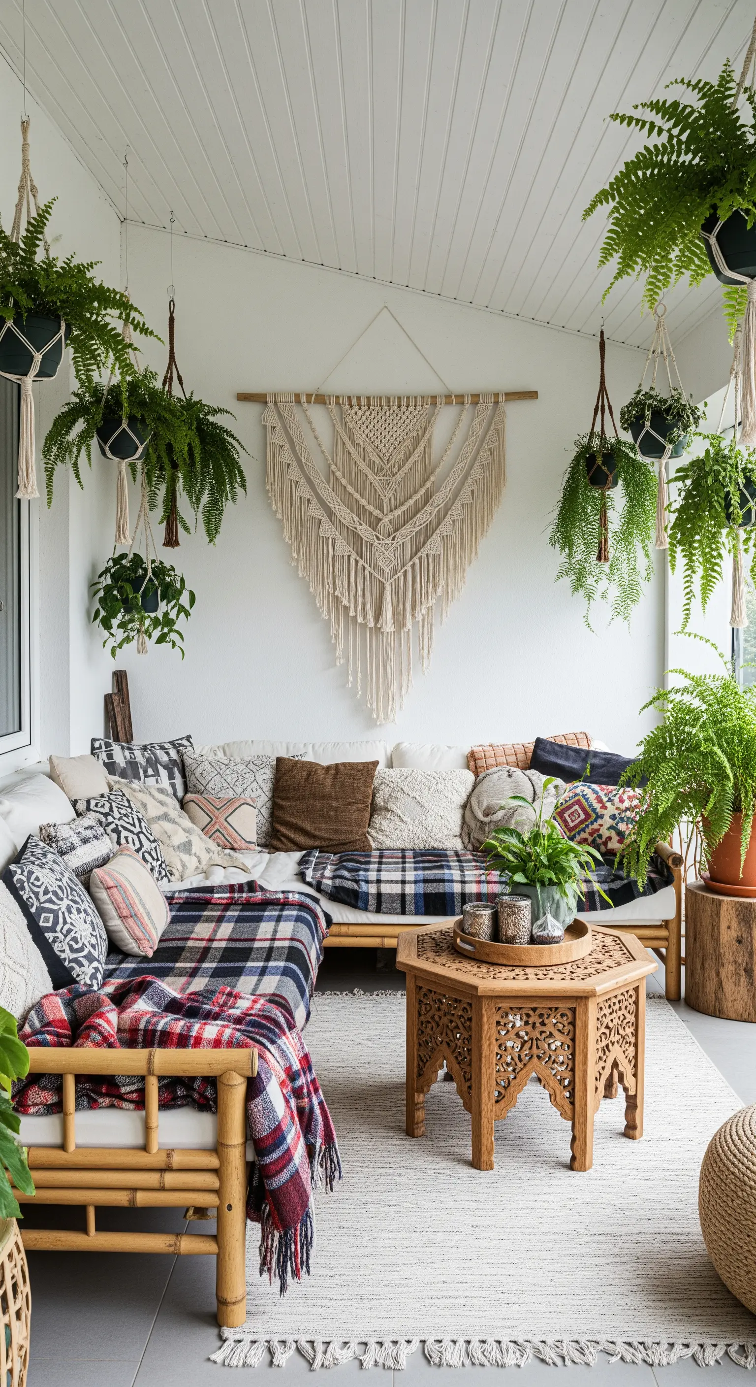 Veranda in stile boho con divano in bambù, arazzo in macramè e molte piante sospese