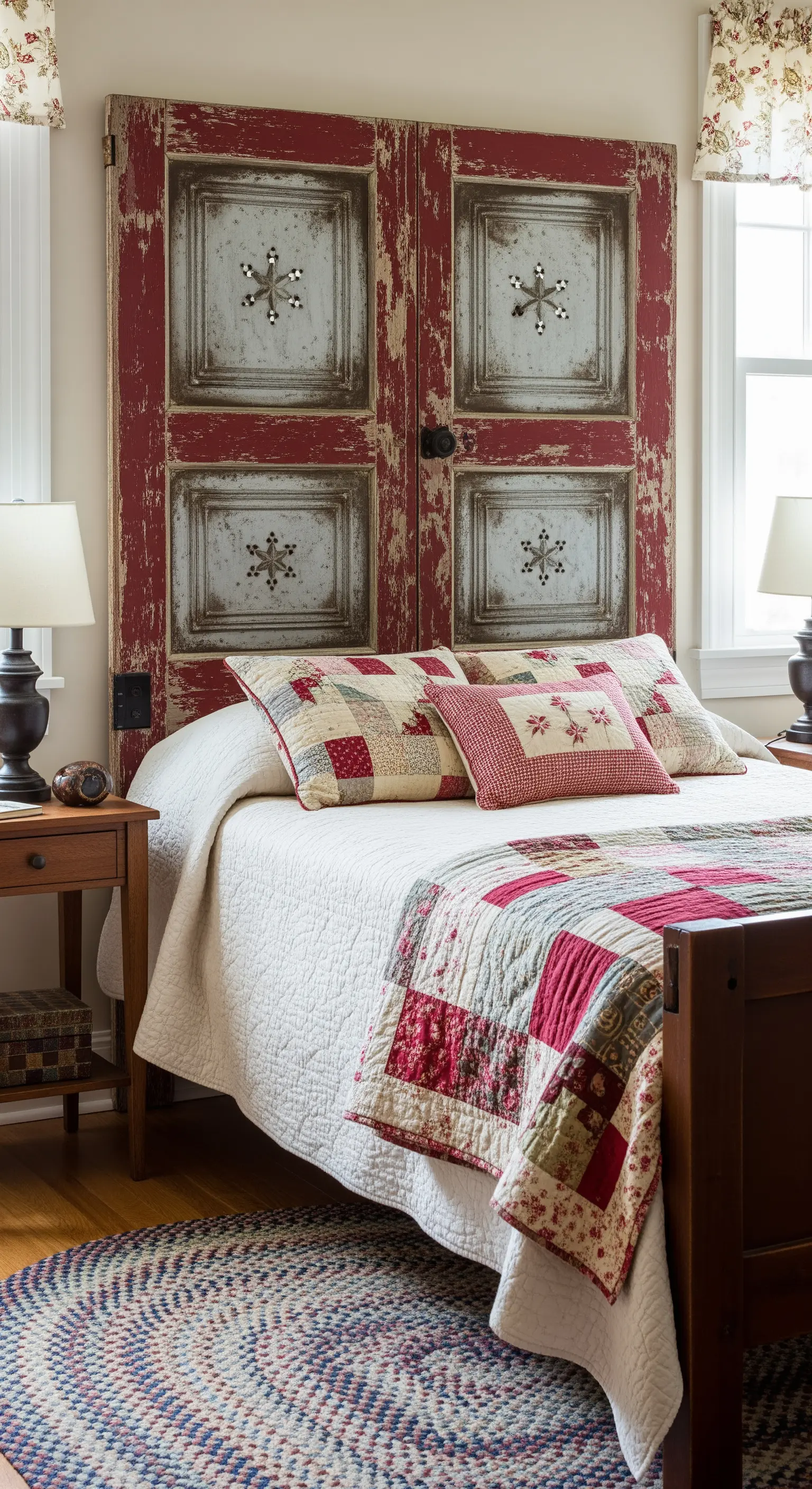 Coppia di porte rosse e bianche in stile country, con decorazioni folk dipinte.
