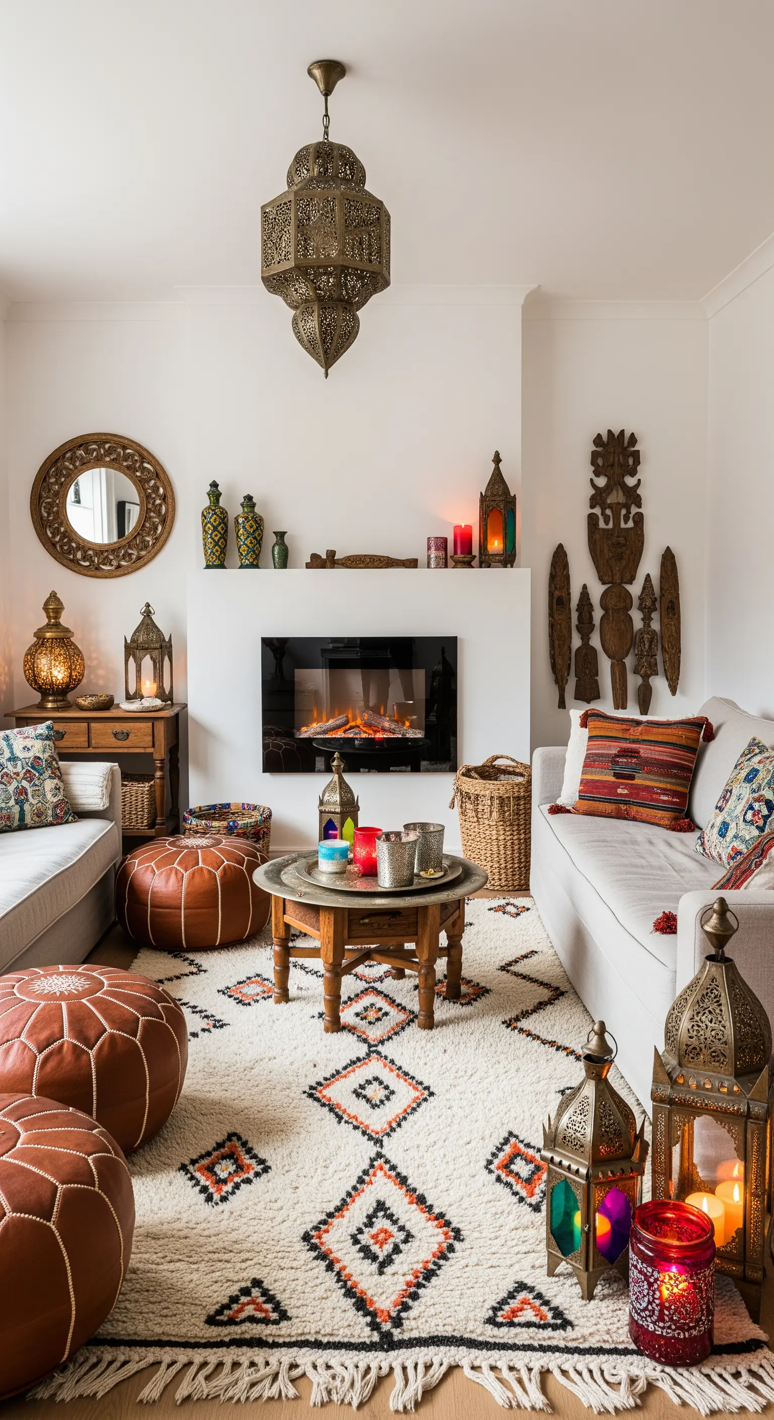Soggiorno in stile marocchino con pouf in pelle, tappeto Beni Ourain e lanterne.