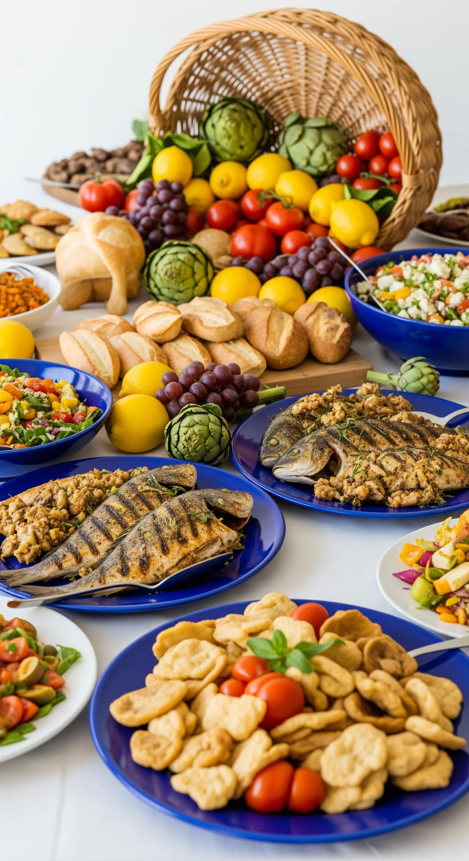 Tavola imbandita con pesce, verdure e un cesto a cornucopia pieno di frutta.