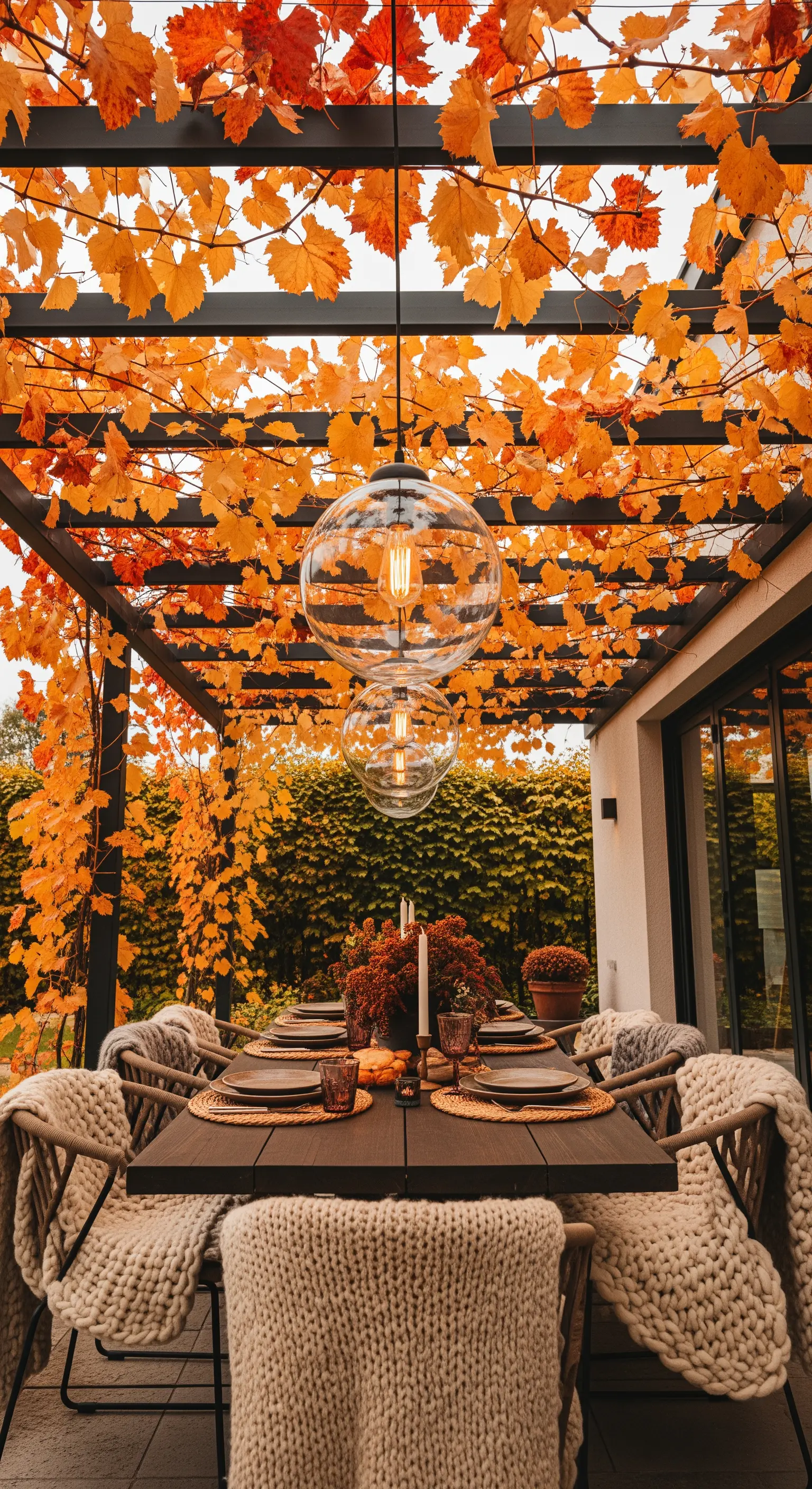 Tavola autunnale sotto un pergolato con foglie arancioni e sedie coperte da plaid di lana