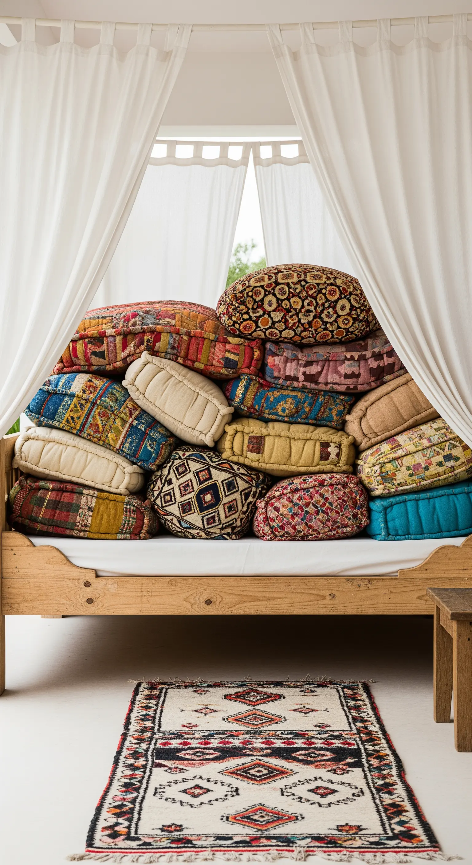 Letto in legno con una pila di cuscini etnici e colorati di varie fantasie.
