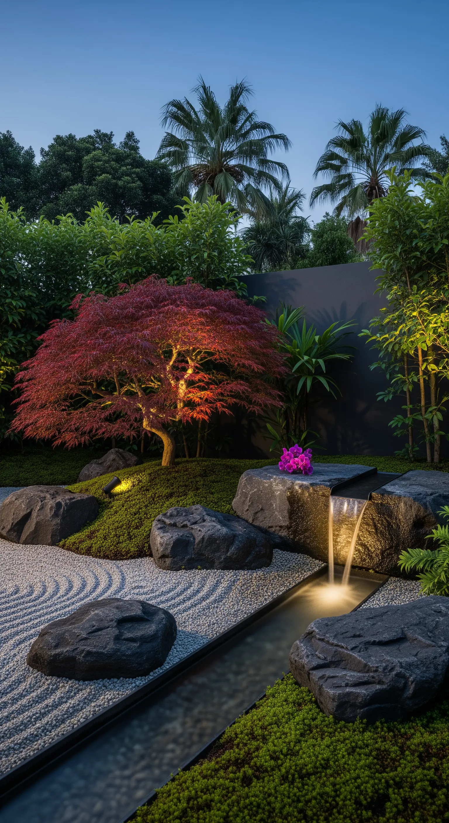 Giardino zen con sabbia, rocce e un acero giapponese illuminato con luce calda.