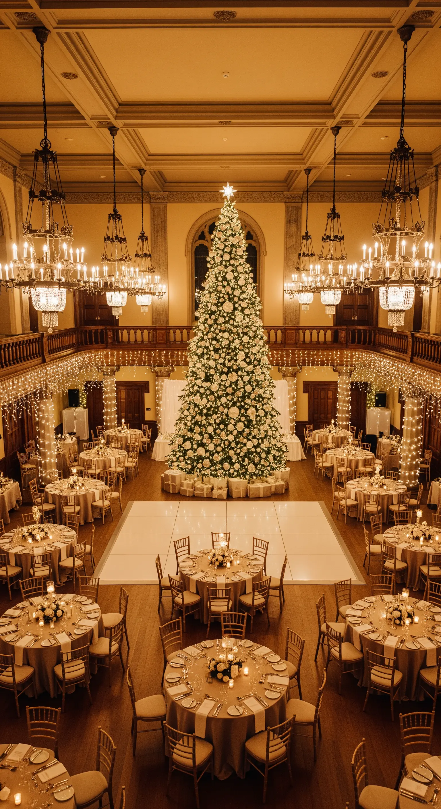 Salone con un enorme albero di Natale decorato con fiori bianchi al centro.
