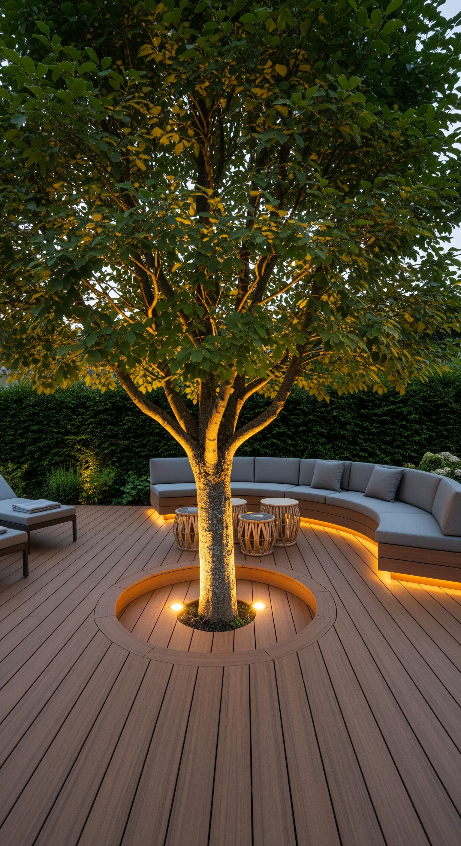 Patio in legno costruito attorno a un albero, illuminato dal basso da faretti.