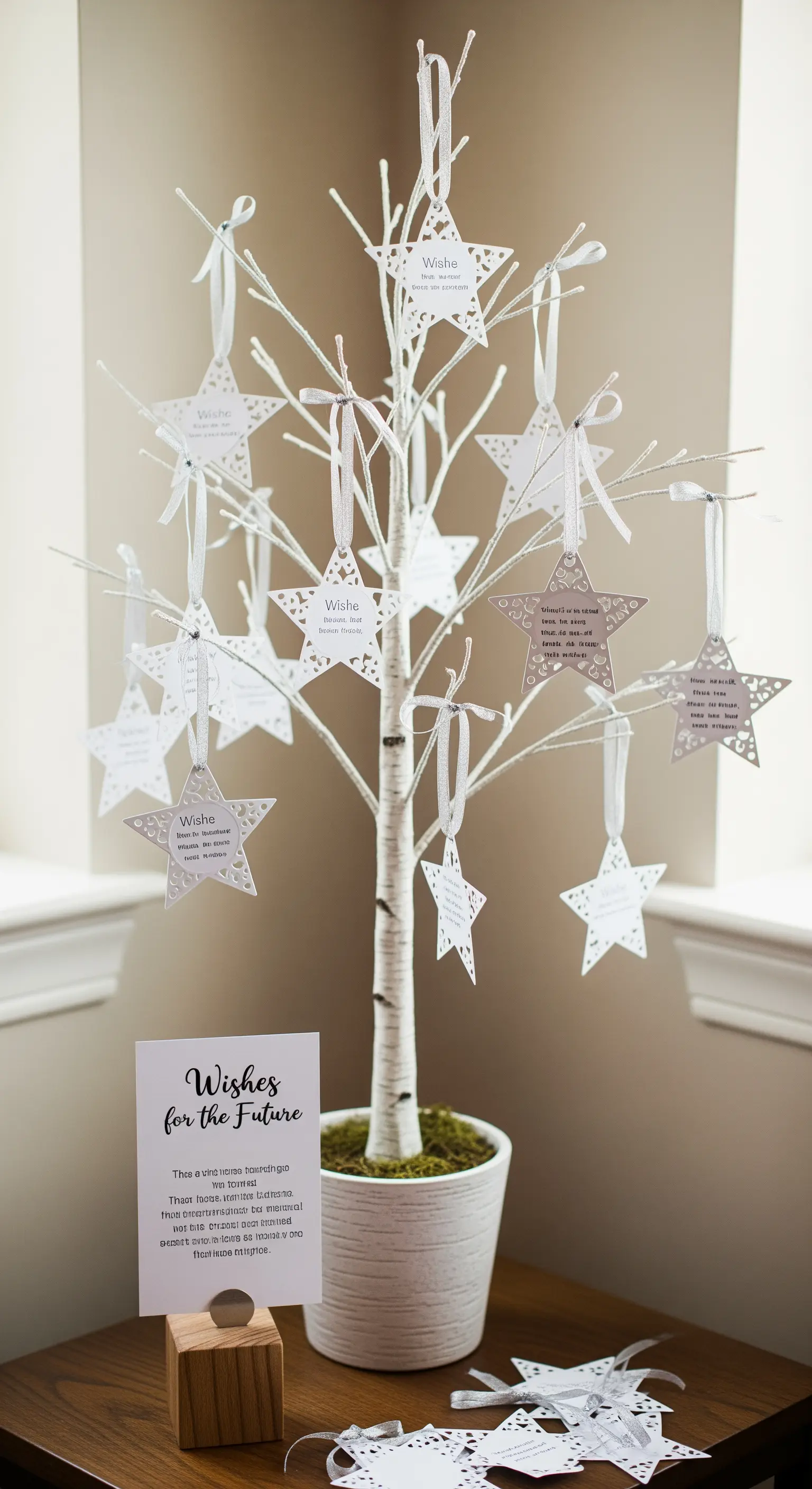 Albero di betulla bianco decorato con stelle di carta contenenti auguri e desideri per il laureato