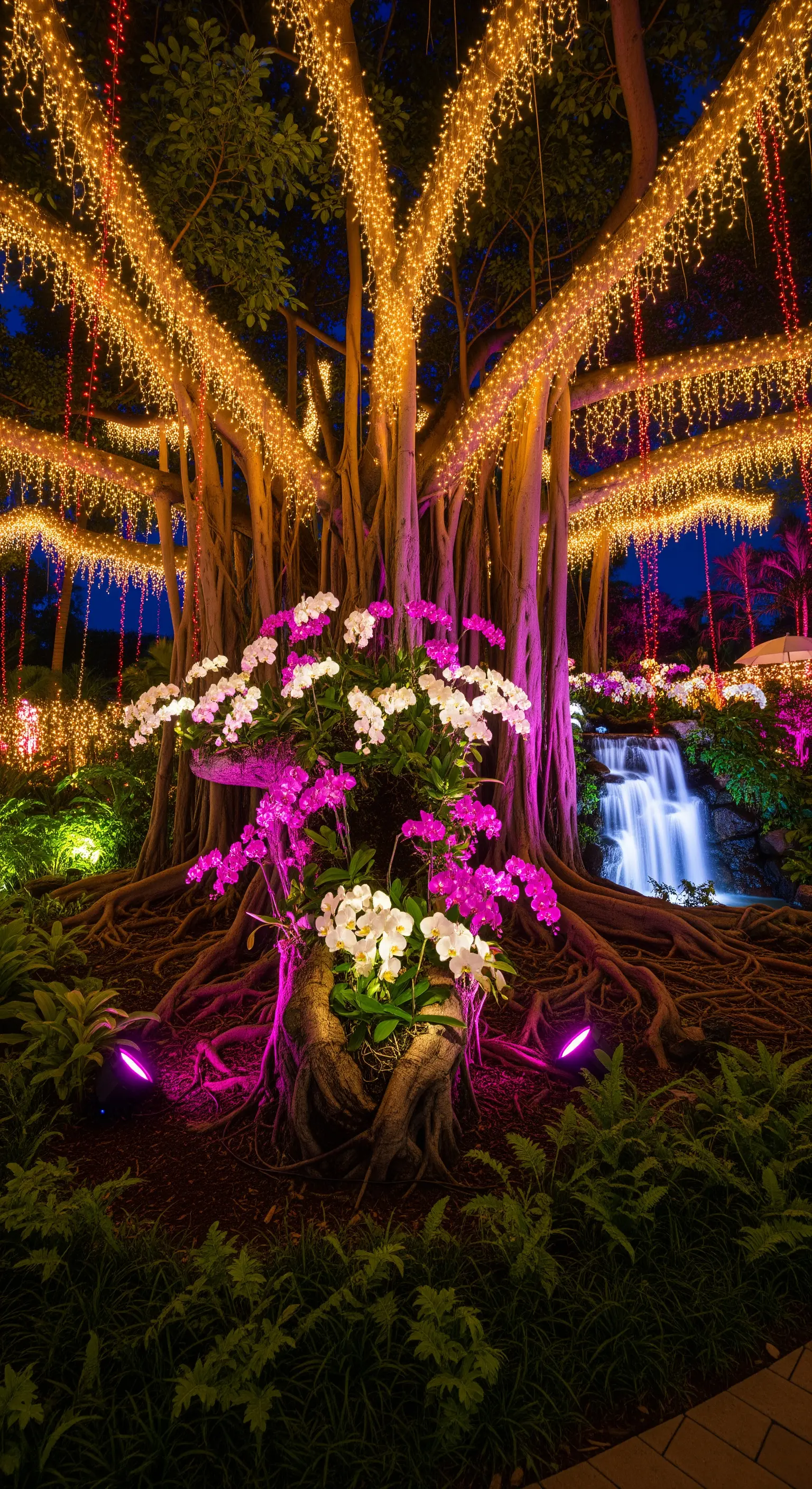 Grande albero con radici esposte, avvolto in cascate di lucine calde e circondato da orchidee.