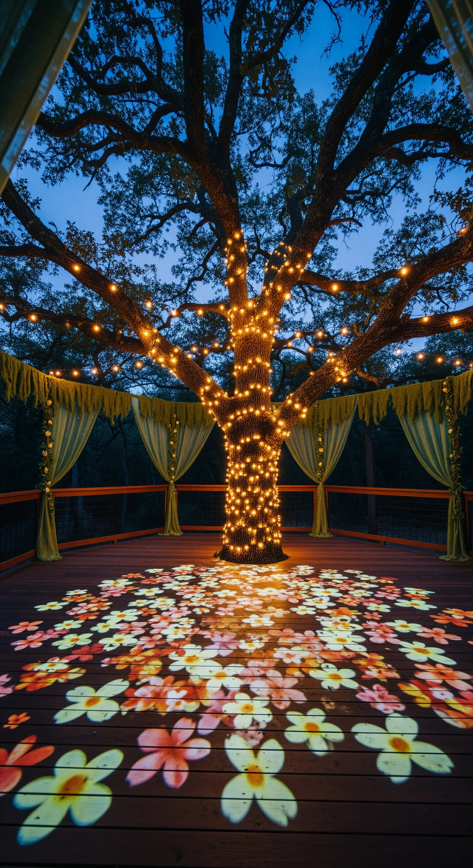 Grande albero illuminato con fili di luci e proiezioni di fiori sul pavimento in legno.