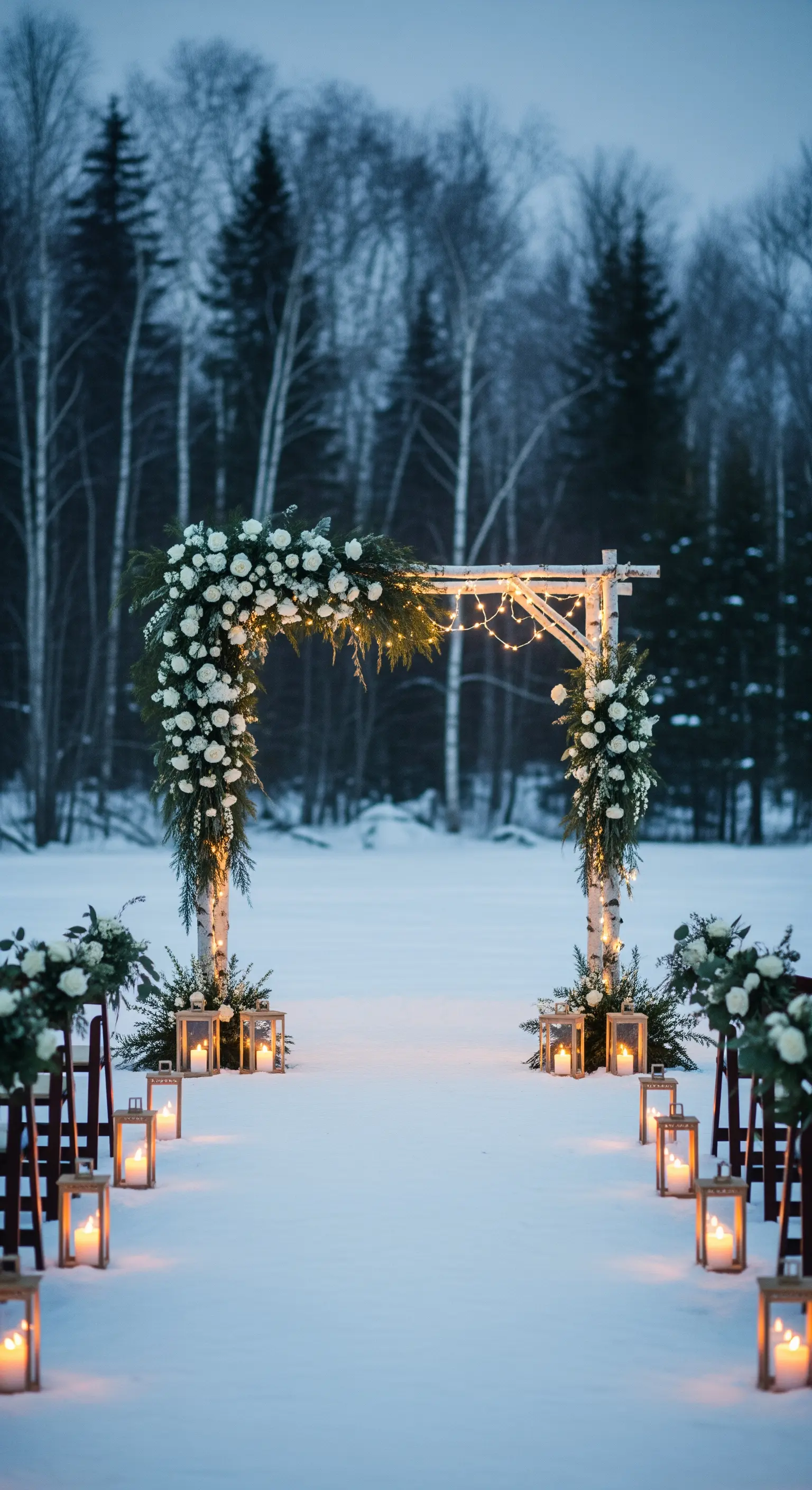 Arco nuziale in legno di betulla con fiori bianchi e lucine nella neve.