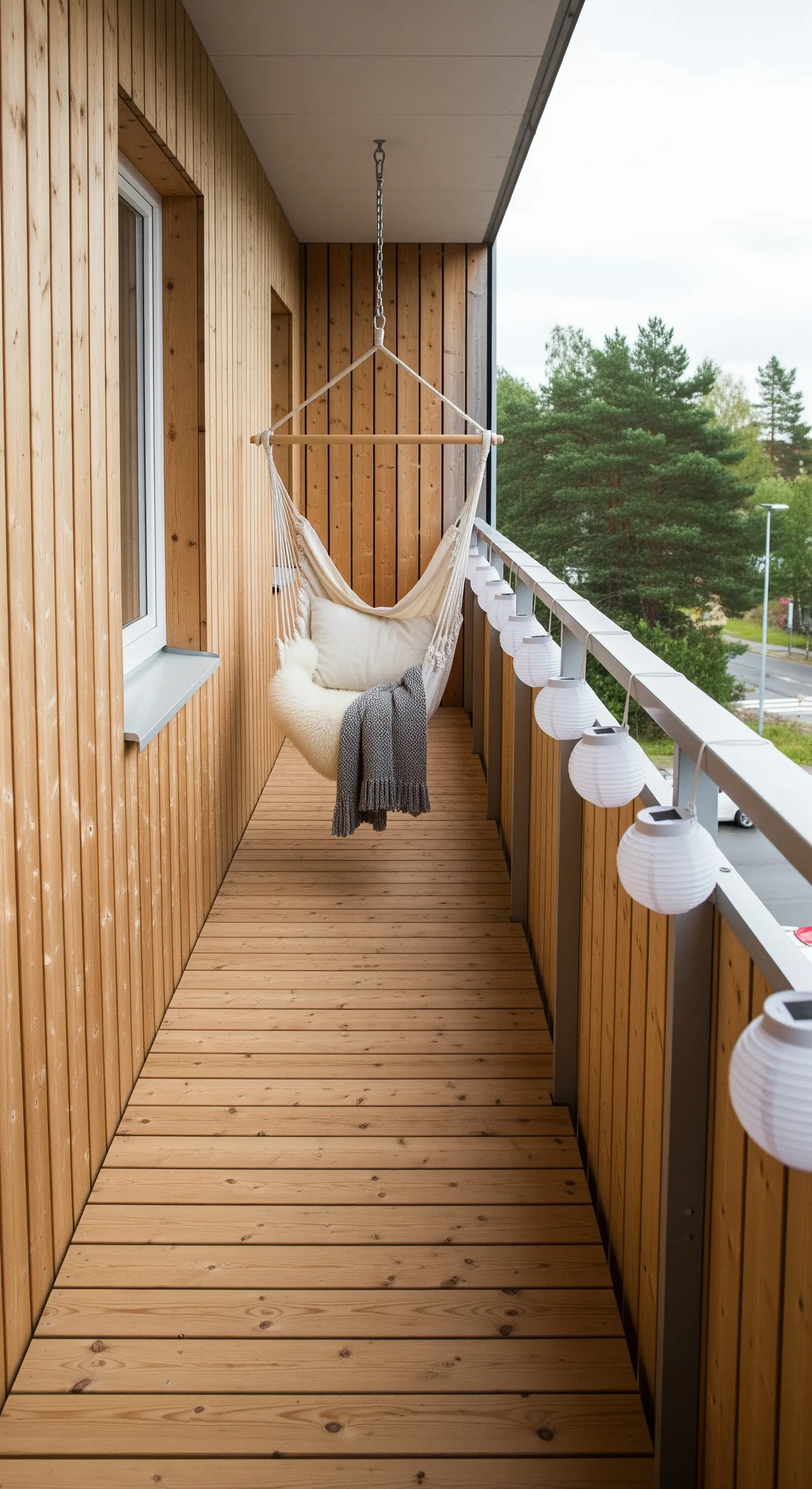Amaca a poltrona sospesa su un lungo balcone rivestito in legno chiaro.
