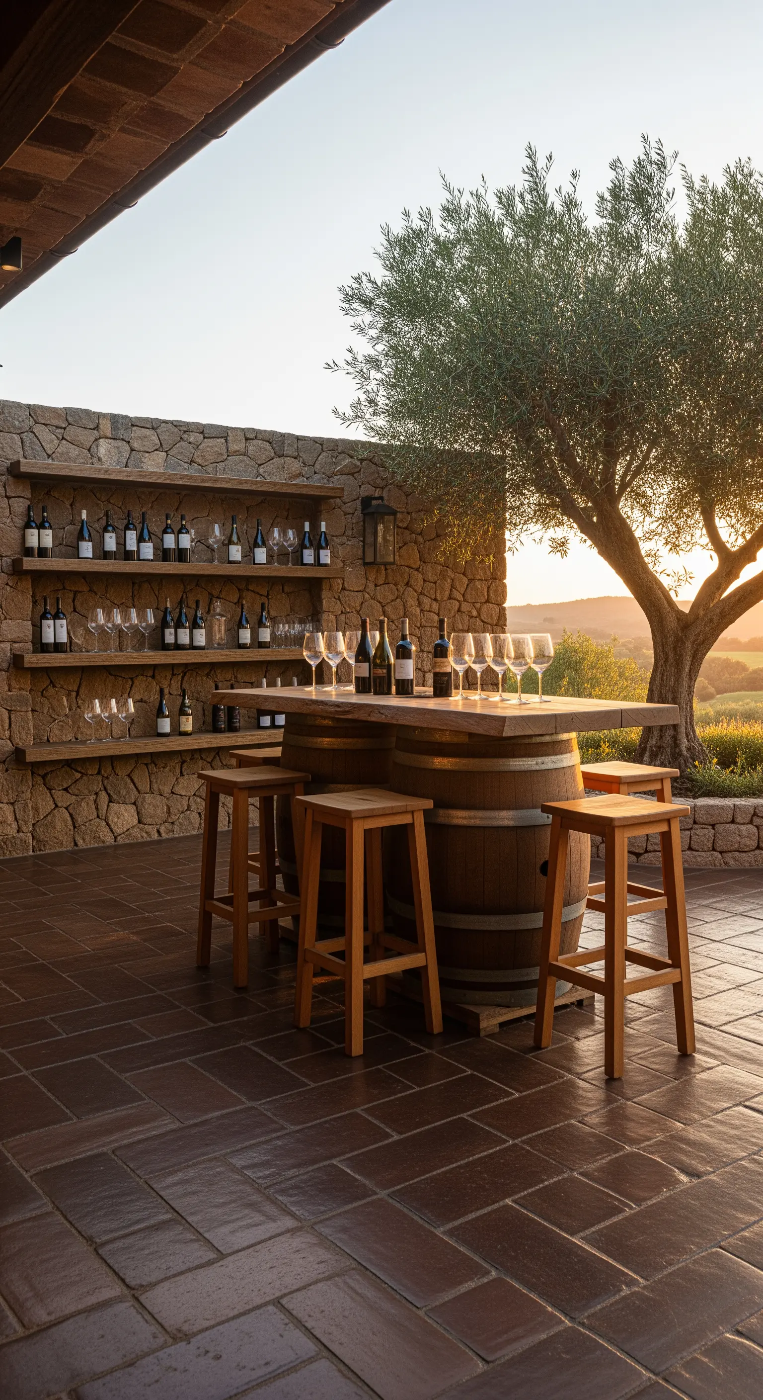 Angolo bar esterno con tavolo fatto di botti di vino, sgabelli e mensole per bottiglie.