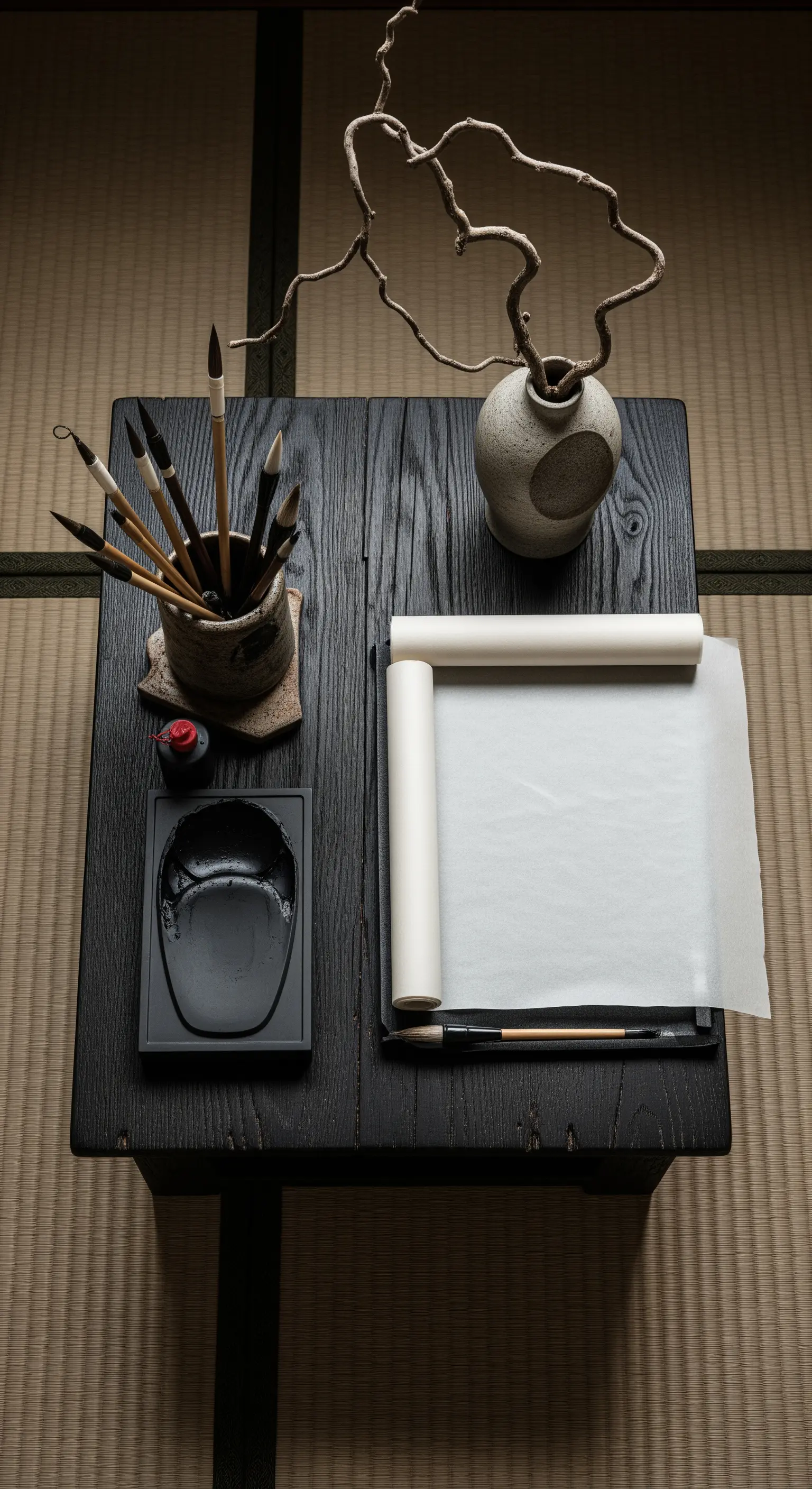 Tavolo nero con pergamena, pennelli da calligrafia, inchiostro e un ramo secco in un vaso.