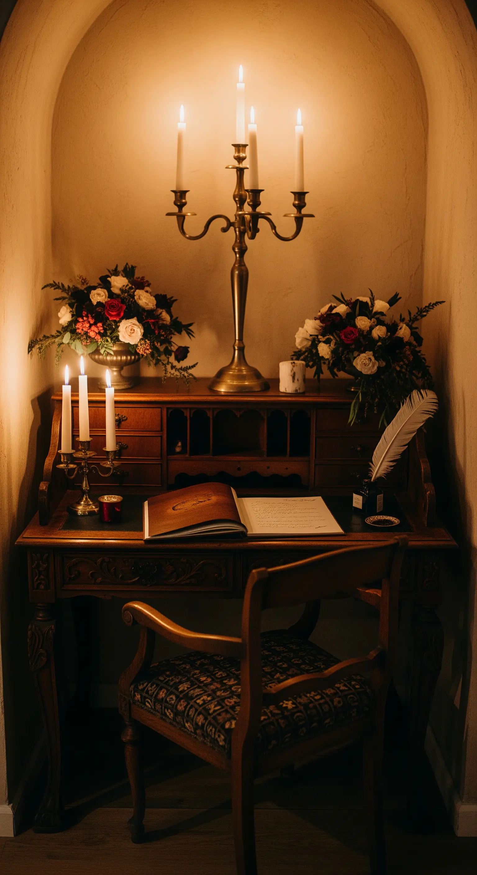 Scrivania antica con guest book, illuminata da candelabri, con penna d'oca e fiori.
