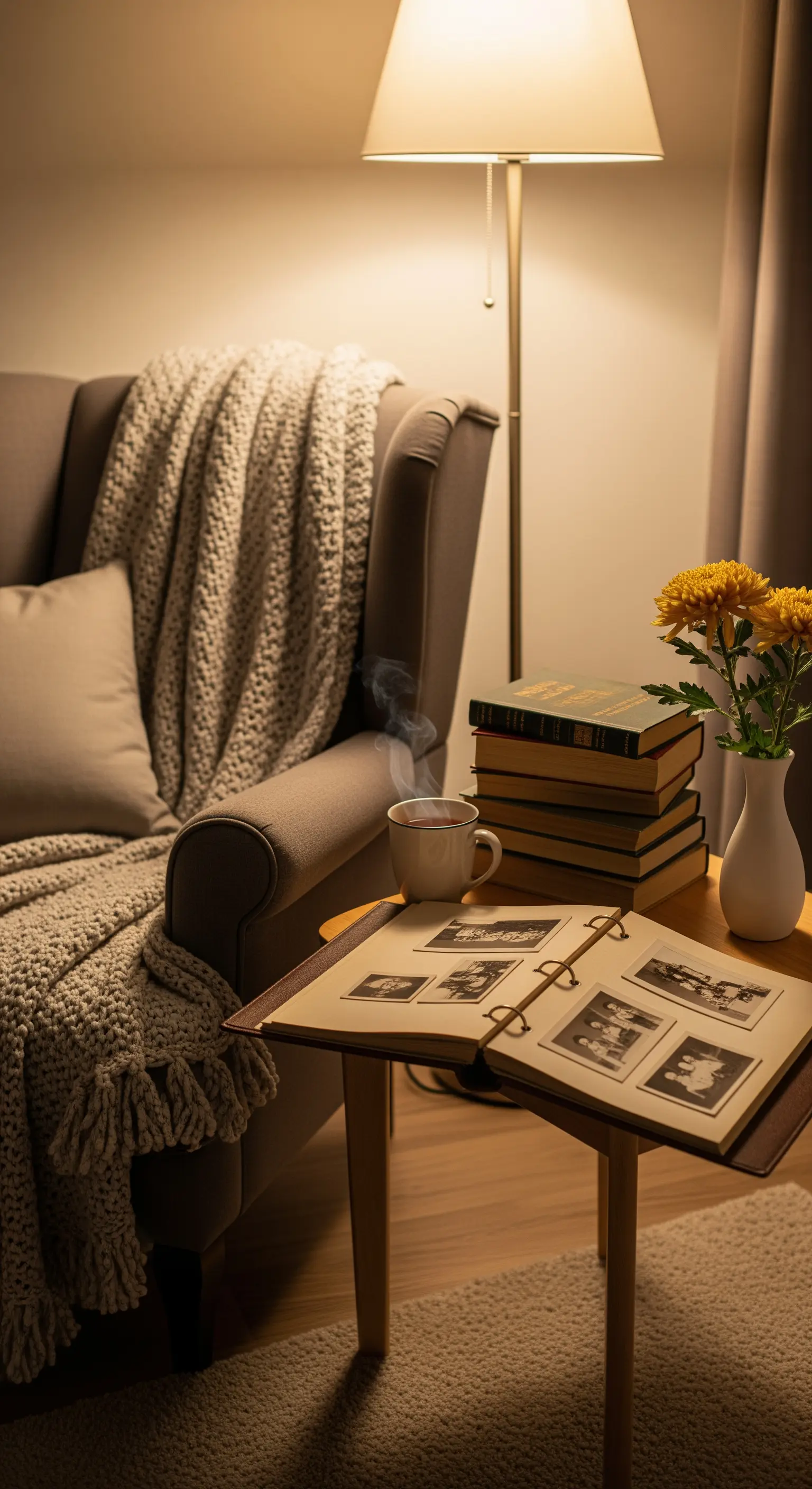 Angolo lettura con poltrona, coperta, lampada e un vecchio album di foto aperto su un tavolino.