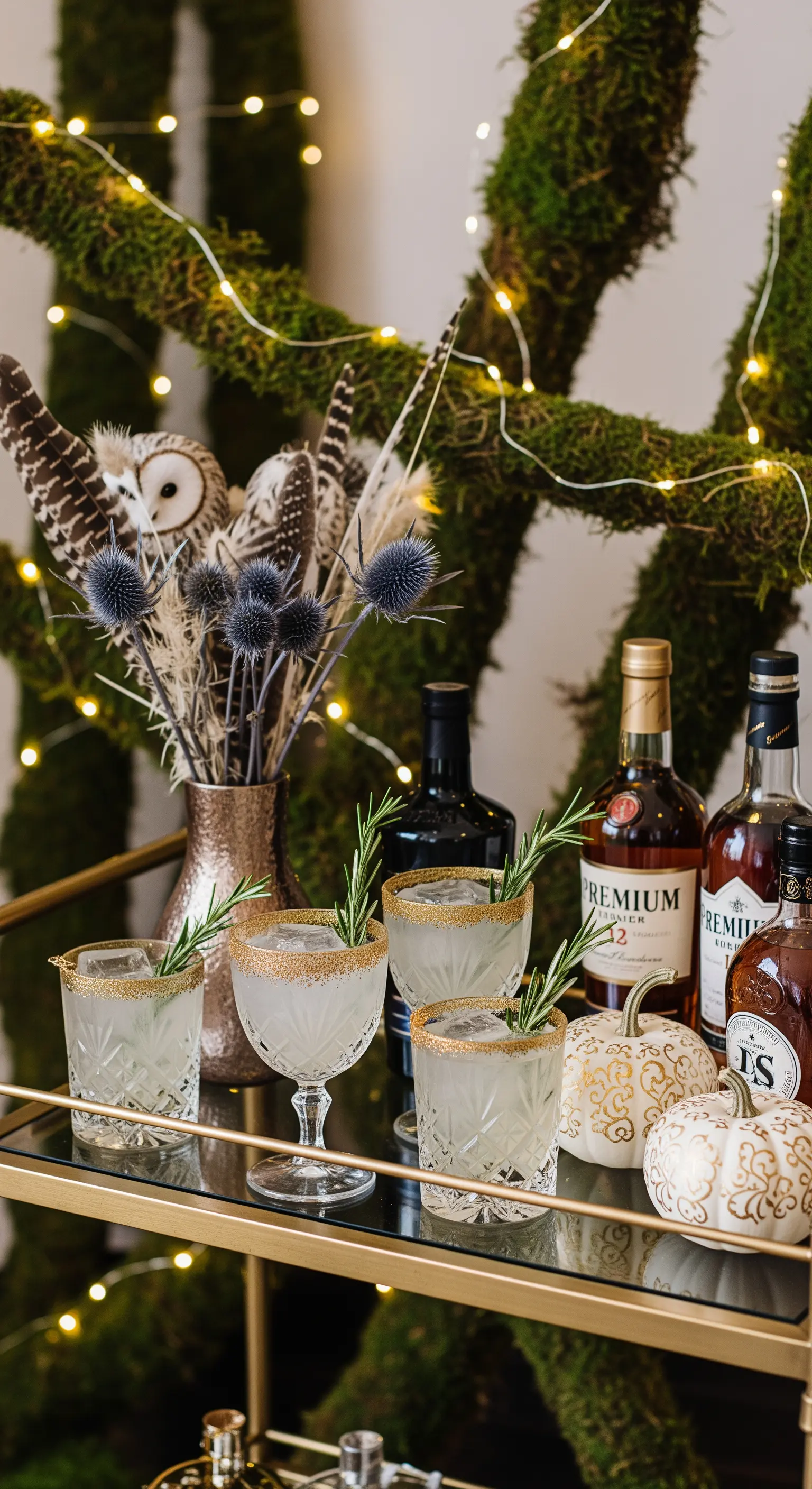 Carrello bar dorato per Halloween con cocktail glitterati, luci e decorazioni botaniche.