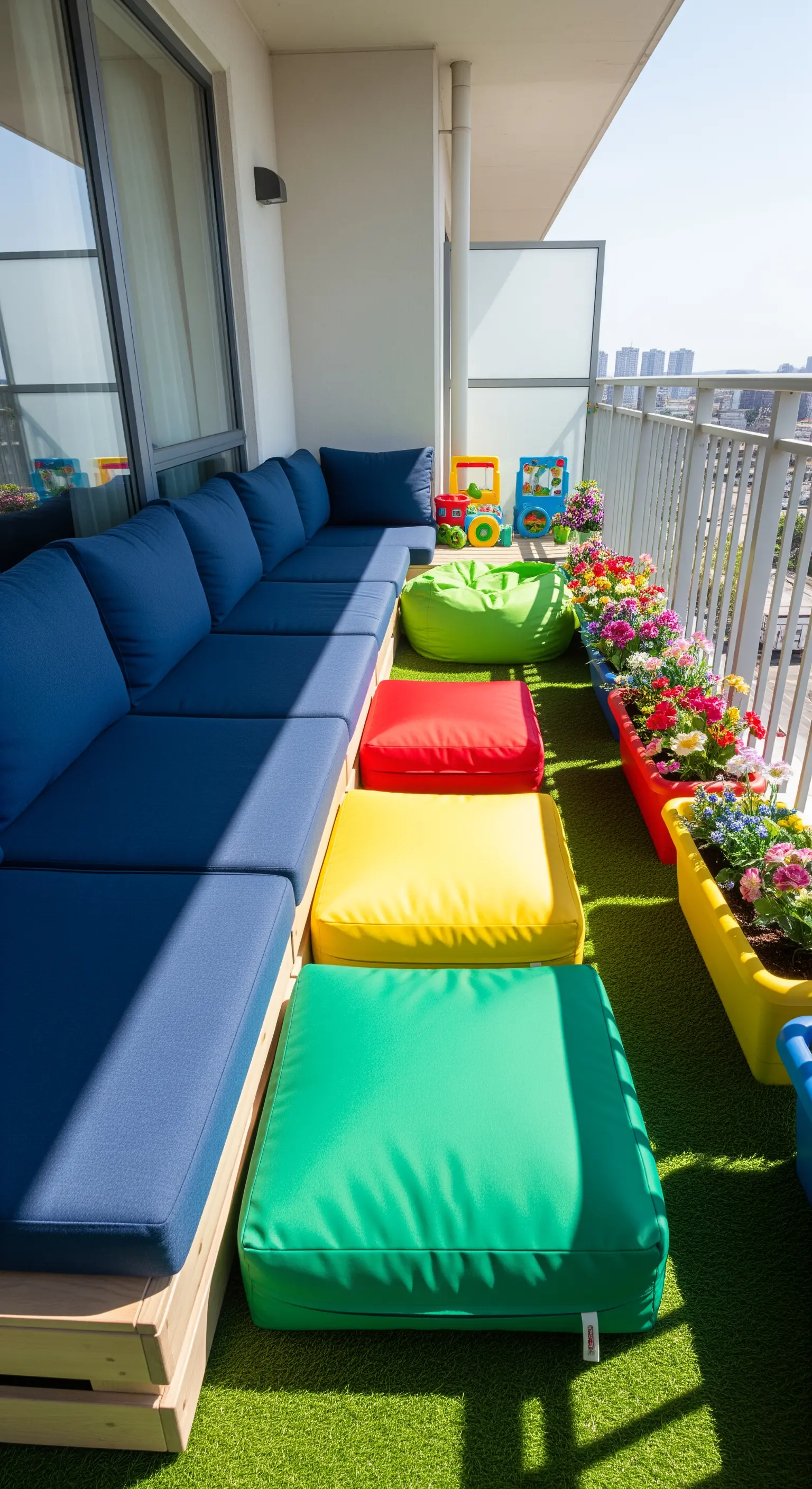 Balcone per bambini con divano blu, pouf colorati, prato sintetico e fioriere vivaci.